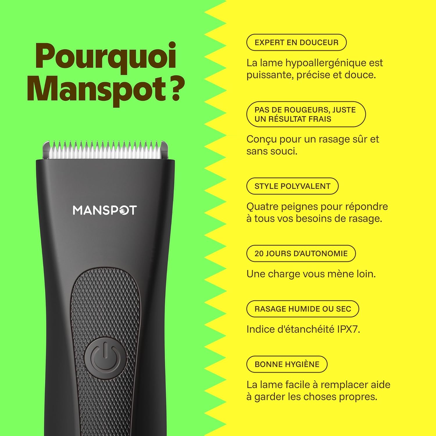 Detalle de MANSPOT Tondeuse Corps Homme – Tondeuse intime étanche IPX7, lame en céramique hypoallergénique