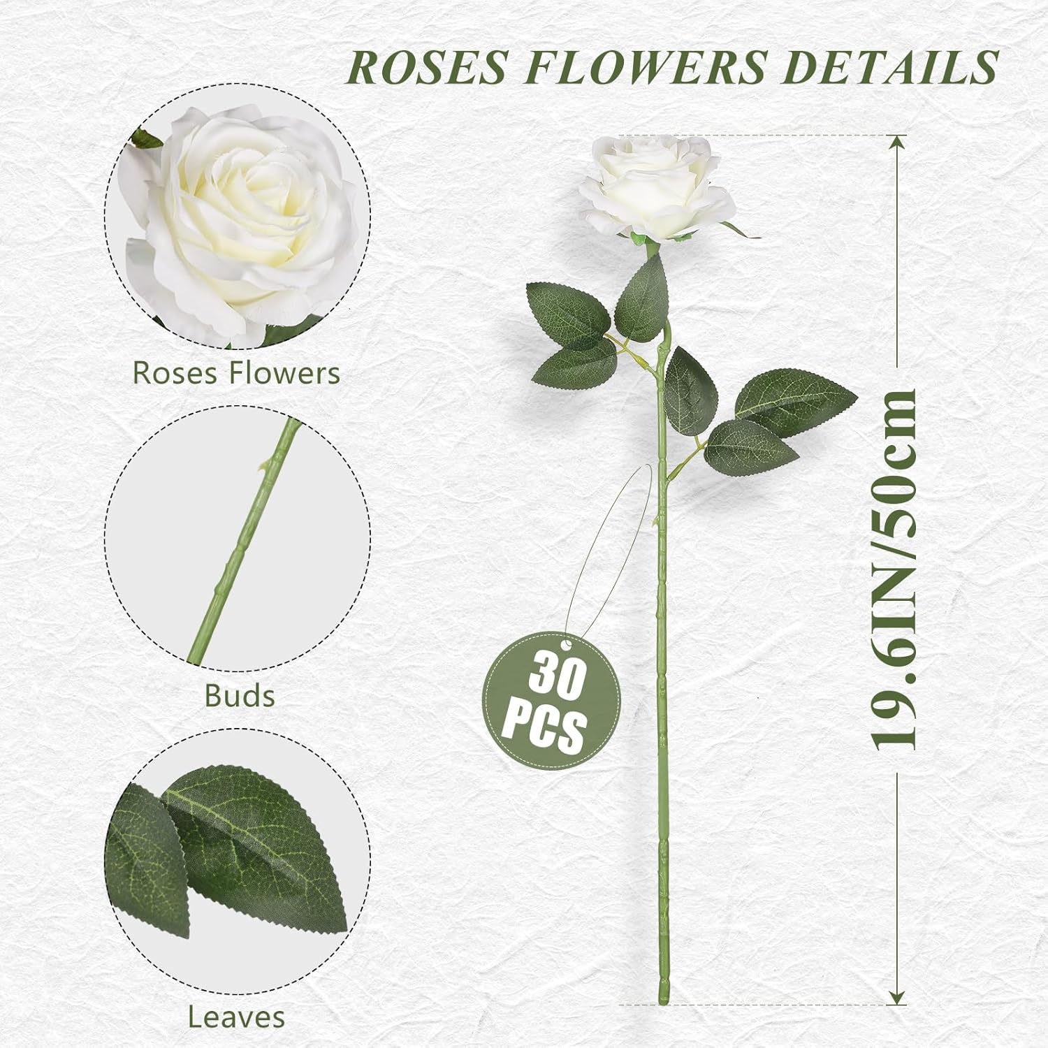 Thumbnail 5 de JUSTOYOU 30PCS White Silk Artificial Roses Bulk – Realistic 20-inch Silk Roses for Wedding, Home Decor, and Centerpieces