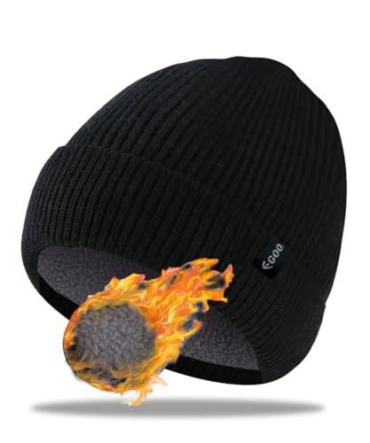 Detalle de Egoo bonnet tricoté unisexe à revers, noir avec doublure polaire