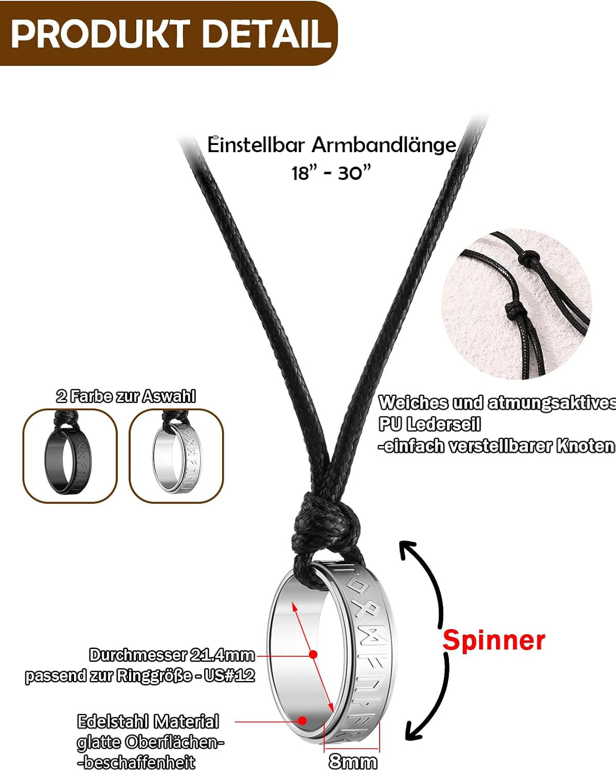 Thumbnail 4 de JSDDE Wikinger-Kette mit drehbarem Runen-Anhänger – Spinner Ringe Halskette aus Edelstahl & Kunstleder