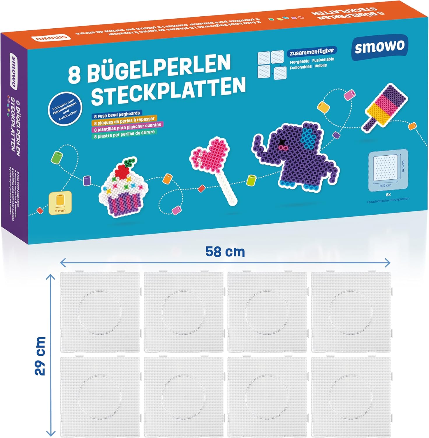 Detalle 2 de Smowo® 8 Bügelperlen Steckplatten (5 mm) – quadratisch & transparent, 14,5 x 14,5 cm, zusammensteckbar