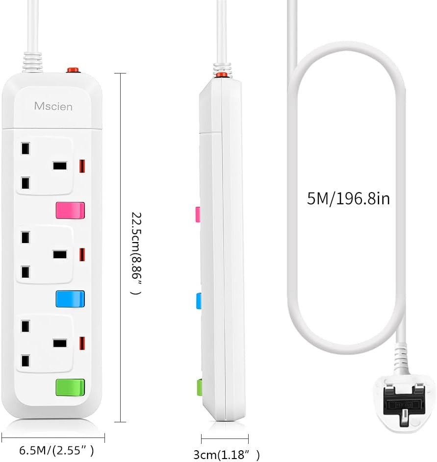 Thumbnail 5 de Mscien 3-way extension lead 5m, surge protected ๐