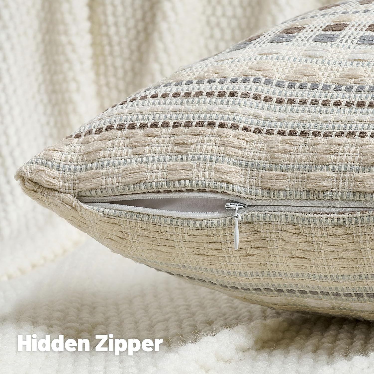 Detalle de Ystyle housse de coussin 60x60 (lot de 2) en chenille à rayures champêtres gris/blanc