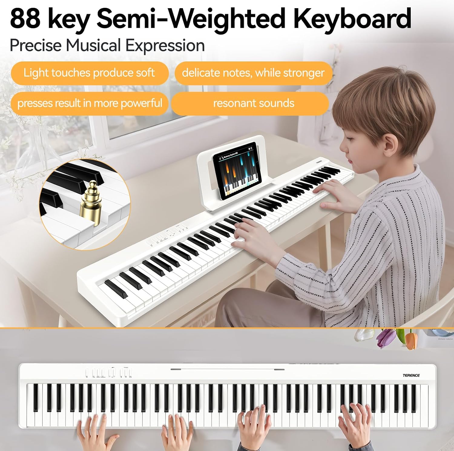 Detalle 2 de TERENCE E Piano 88 Tasten – Tragbares Semi-Weighted Keyboard Piano mit Aufnahmefunktionen, Bluetooth MIDI und USB-Konnektivität