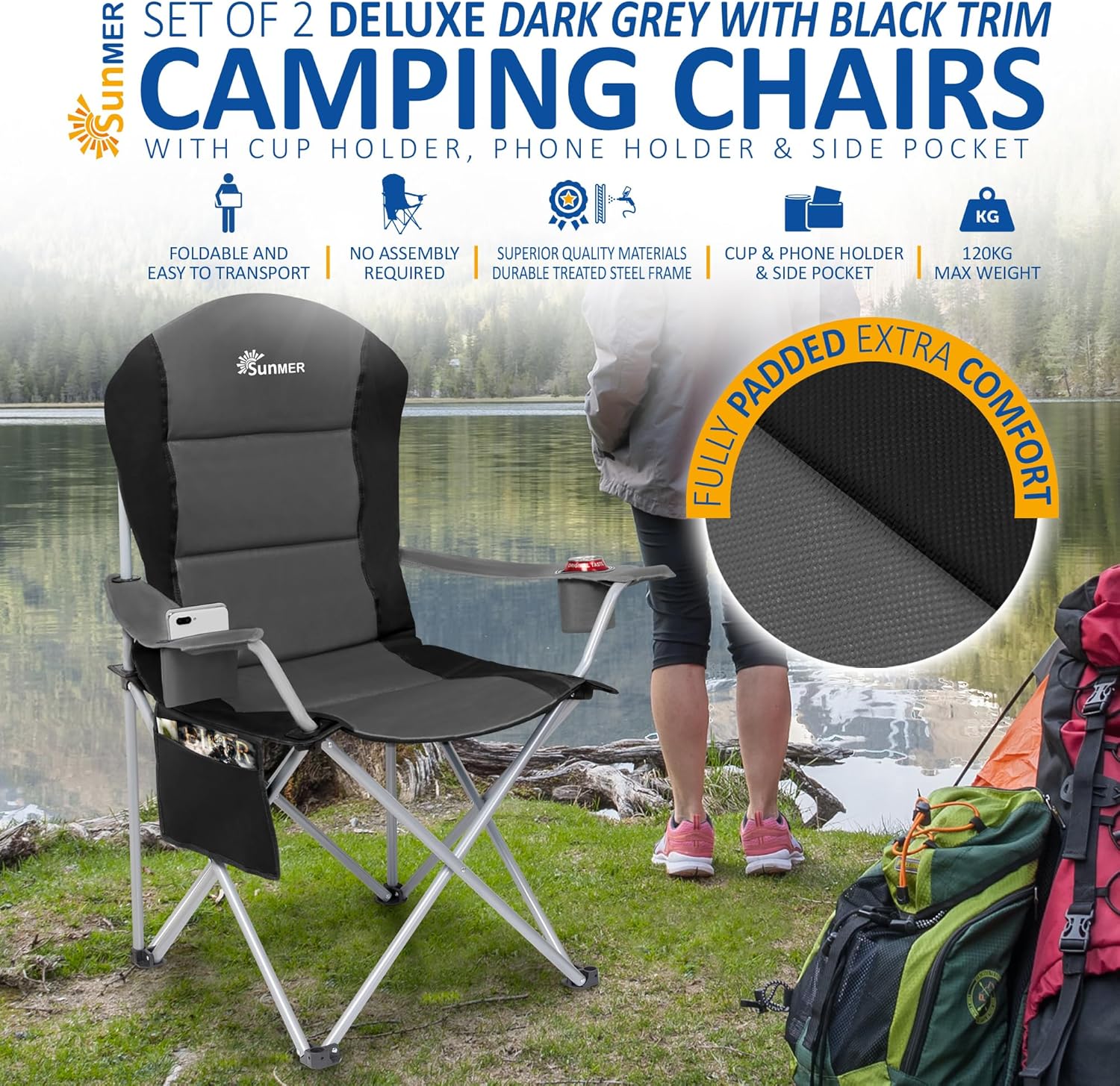 Detalle de SUNMER Padded Camping Chairs – 2 Deluxe Folding Chairs with Cup Holder, Side Pockets & 120kg Load, Dark Grey