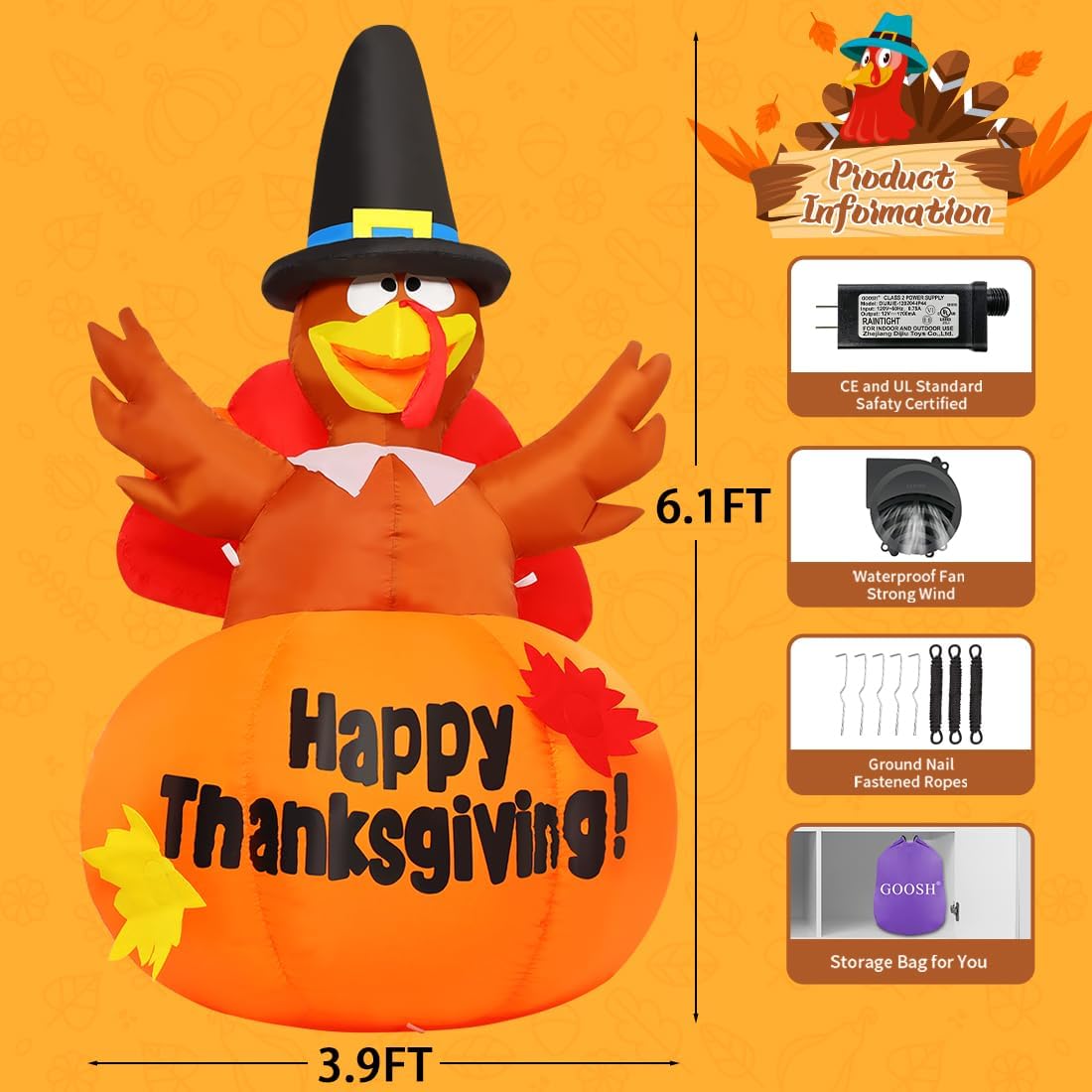 Thumbnail 5 de GOOSH Thanksgiving inflatable turkey, 6 ft