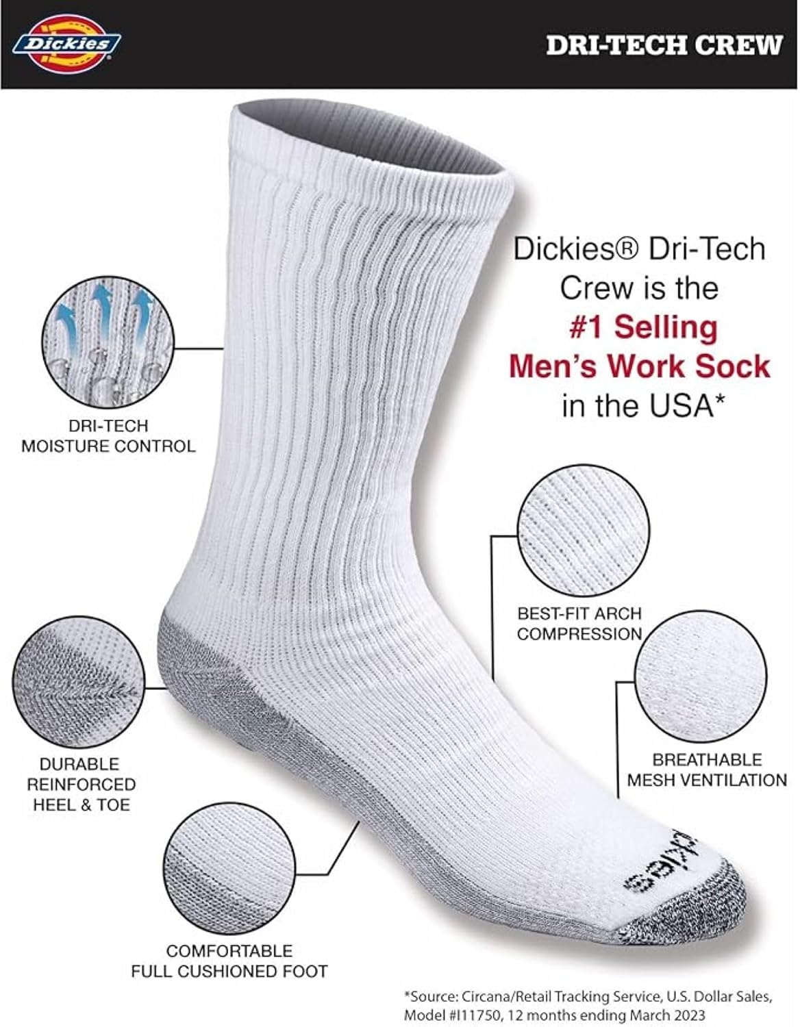 Detalle 2 de Dickies Dri-Tech Moisture Control Crew Socks, 18 Pairs