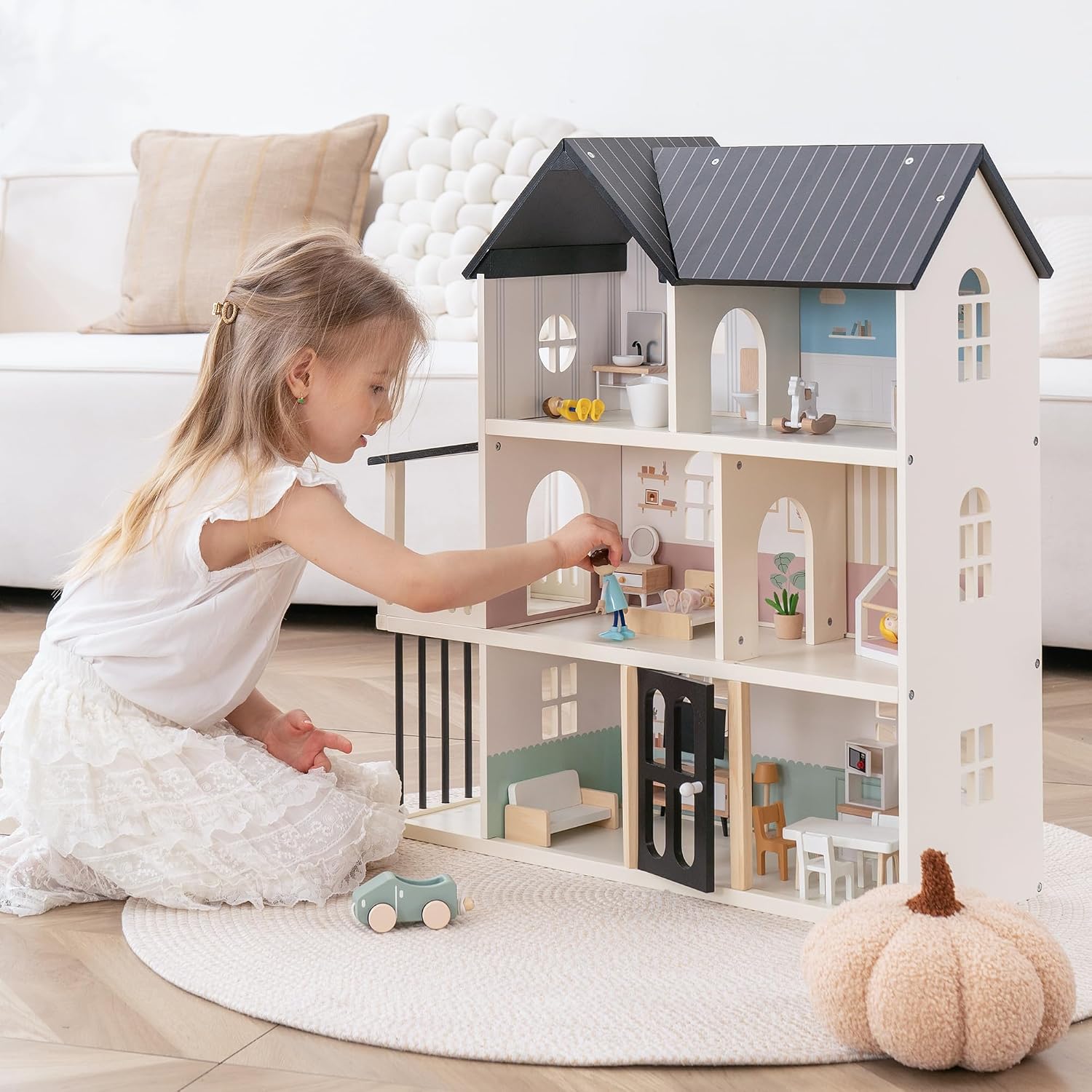 Wooden Dollhouse for Kids: 6-Room Modern Open-Plan Playset with 26 Furniture Pieces