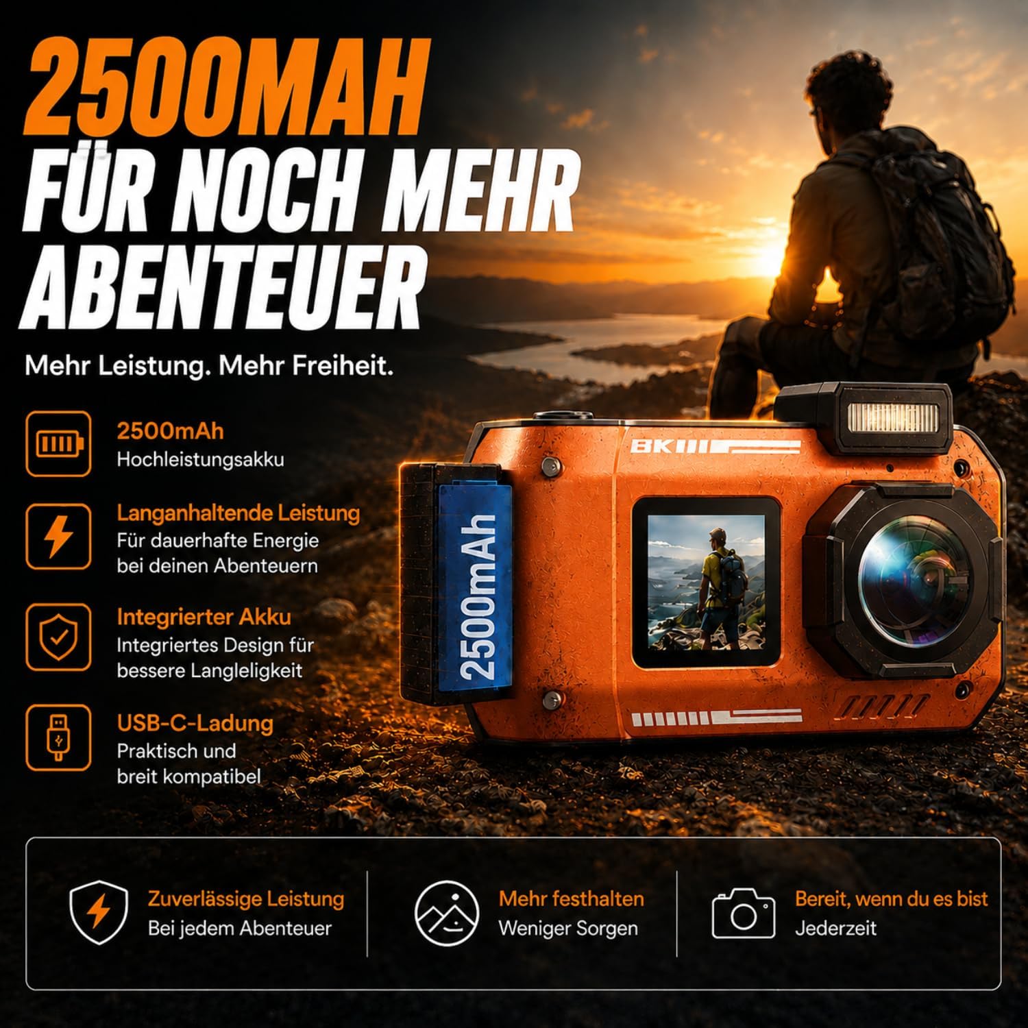 Detalle de Maxmango D50 8K Unterwasserkamera – 33FT Tiefenfest, 70MP, Doppelbildschirm, 2500mAh, 18x Zoom, 16GB inkl. orange