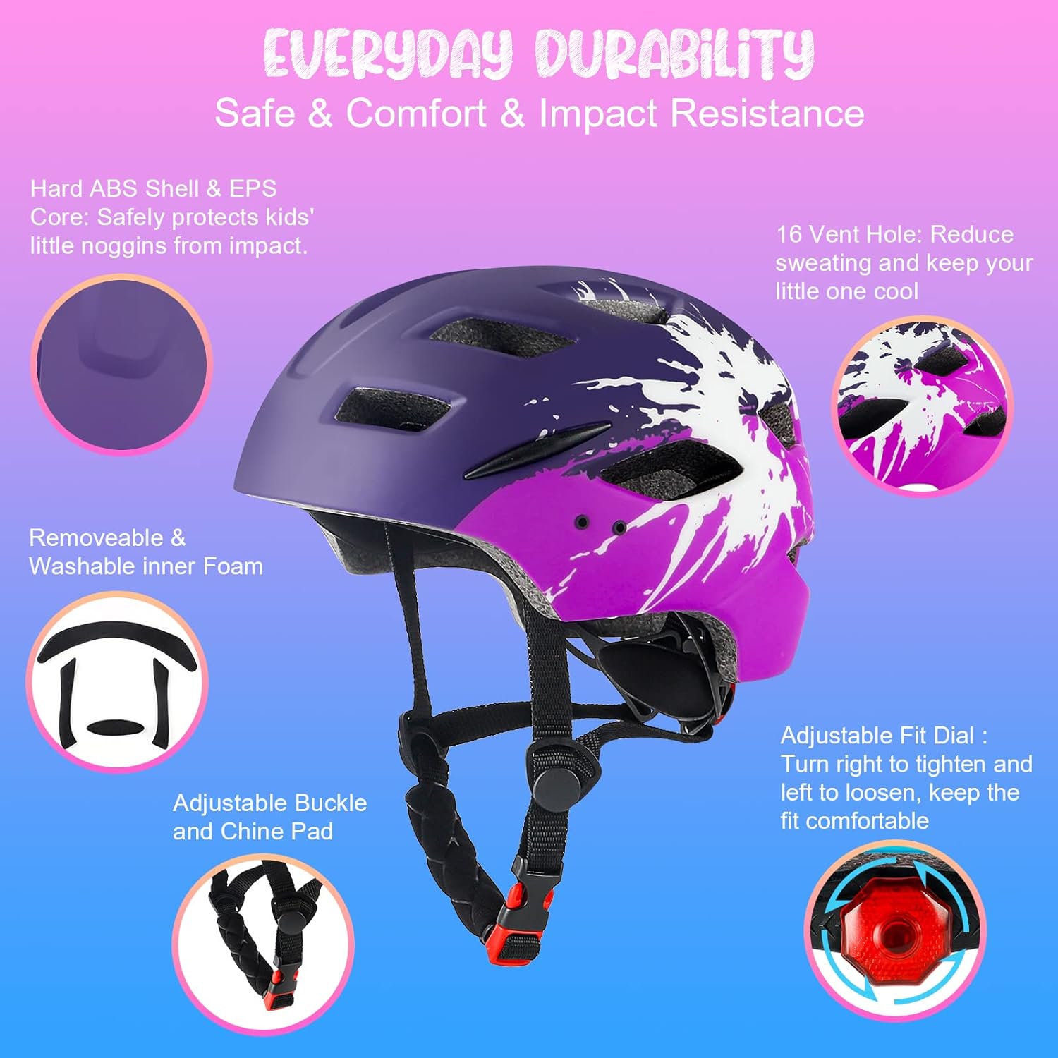 Detalle de RaMokey Casque de vélo léger pour enfants – réglable 48-56 cm, feu arrière et visière amovible