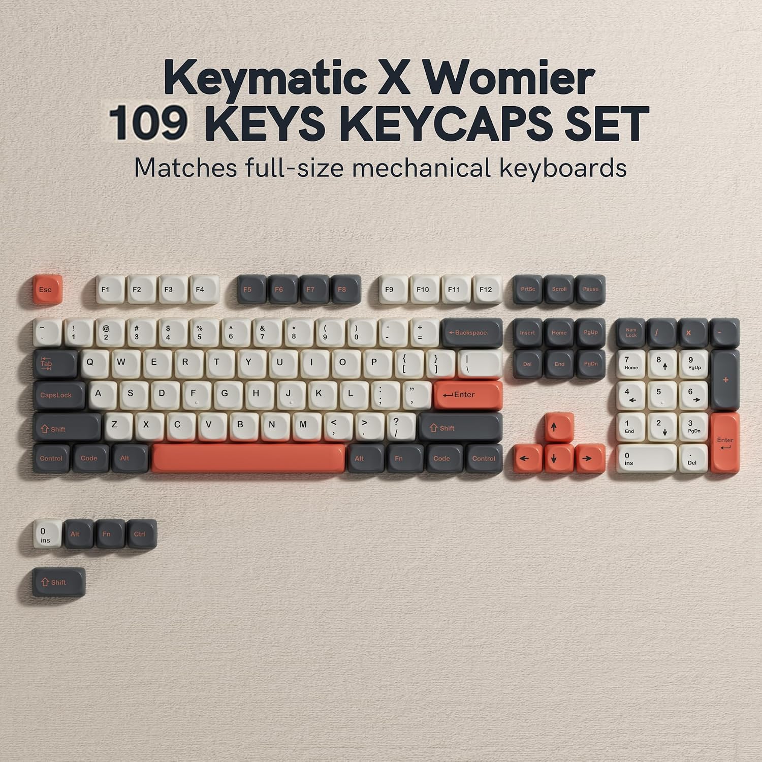 Detalle de Keymatic Kc-001 109-Key MOA Keycap Set, Dye-Sublimated Vintage Gray-Orange
