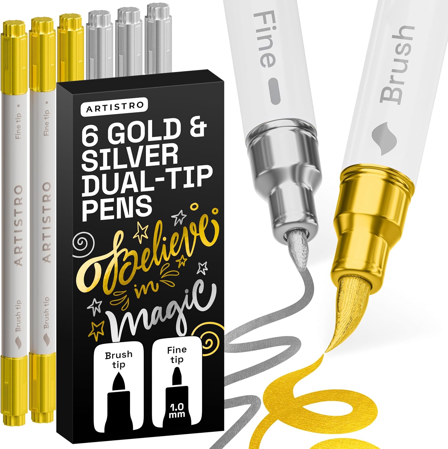 Detalle de ARTISTRO Gold & Silver Acrylic Paint Pens, Dual-Tip Brush and Fine Markers