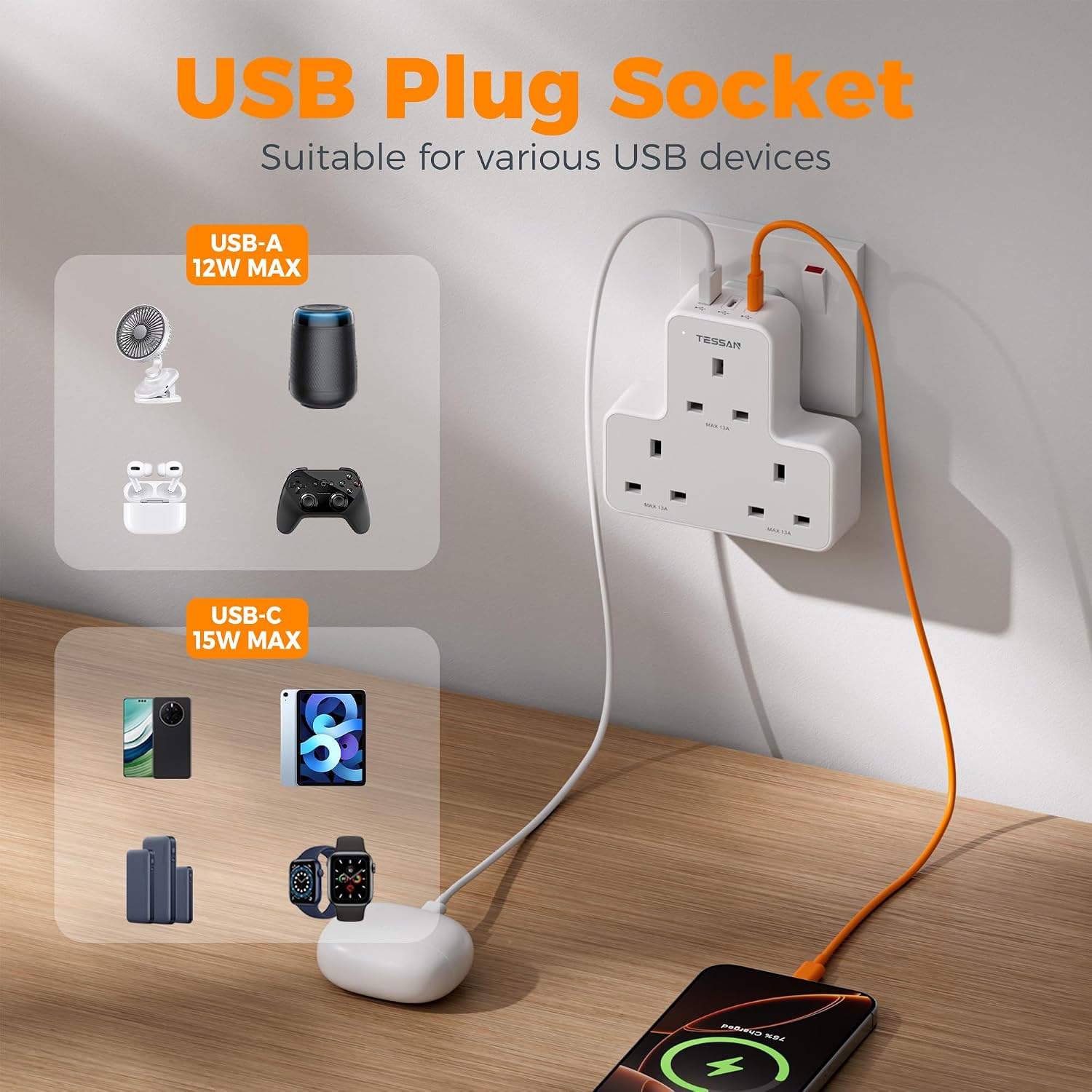 Detalle de TESSAN 3 Way Plug Adapter UK with 3 USB Ports – Multiplug Socket and Wall Extender