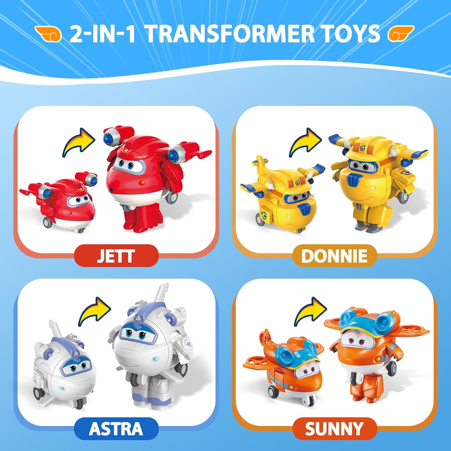 Detalle de Super Wings 2" Verwandlungsspielzeug 4er Pack mit Supercharged Jett, Donnie, Astra & Sunny