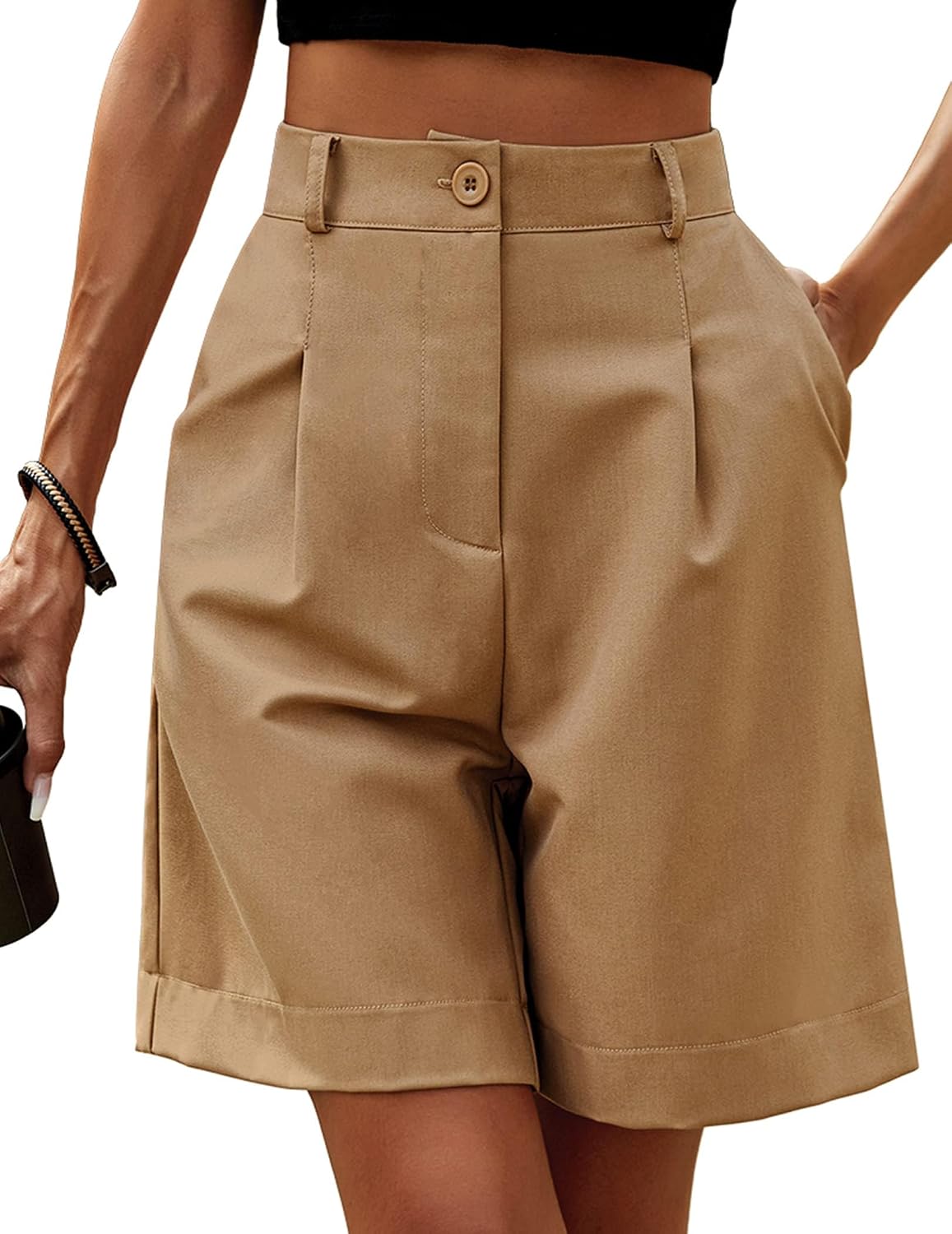 Detalle de Zeagoo pantaloncini donna estivi a vita alta con fascia elastica e tasche, bermuda casual gamba lunga