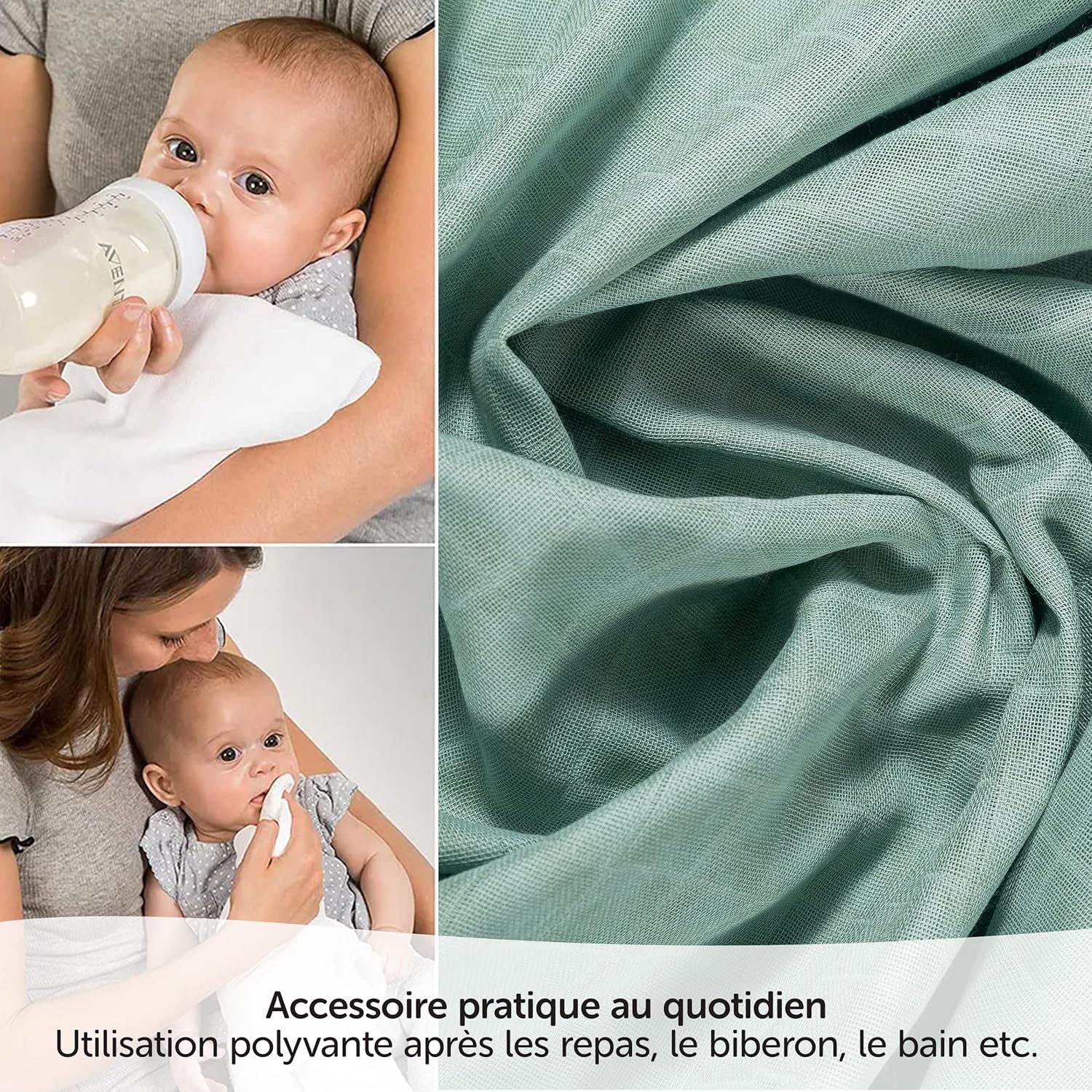 Thumbnail 1 de MAKIAN Lange bébé en mousseline 70x70 cm (lot de 4) — coton double gaze certifié Oeko-Tex, verts/blanc/menthe/gris