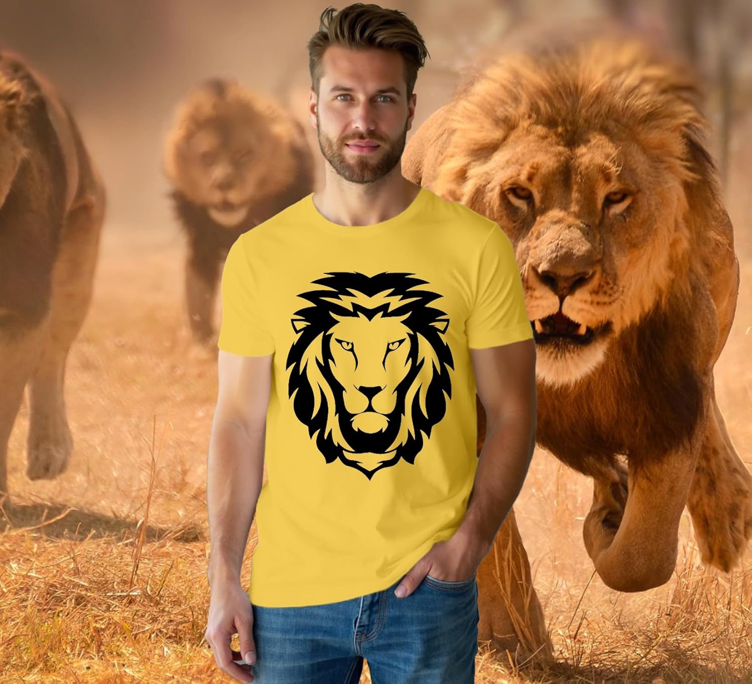 Detalle de Qskall Mens Lion Face T Shirt – Africa Lions Print Tee
