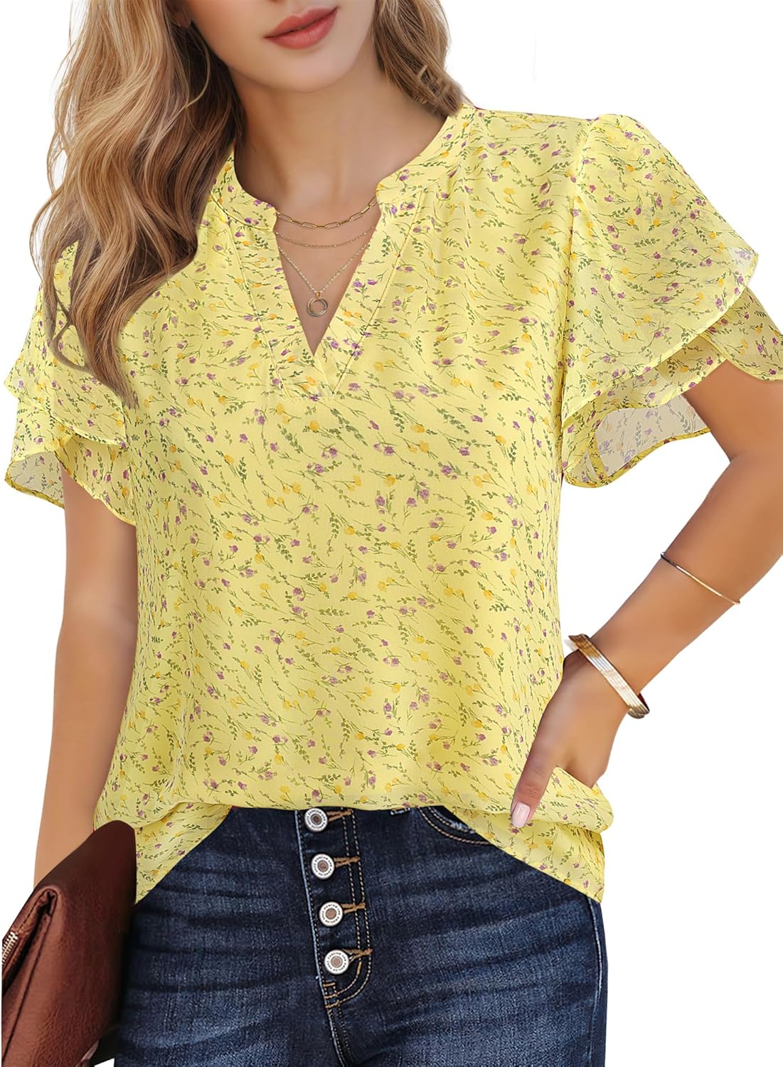 Thumbnail 3 de Lotusmile Womens Dressy Chiffon Blouses Summer Puff Petal Short Sleeve V Neck Top