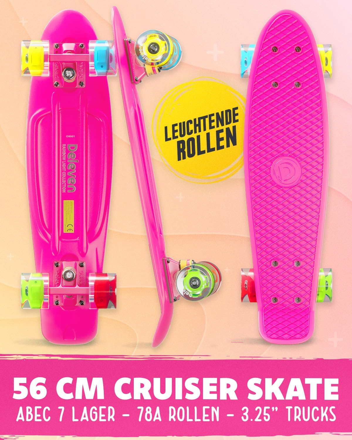 Thumbnail 1 de Deleven Skateboard mit LED Rollen – 56 cm, ABEC 7 Lager, Mini Cruiser