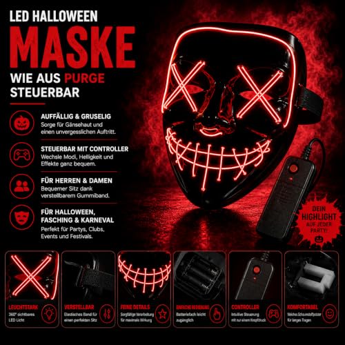 Detalle 1 de TK Gruppe Timo Klingler maschera horror rossa a LED con 3 effetti luminosi