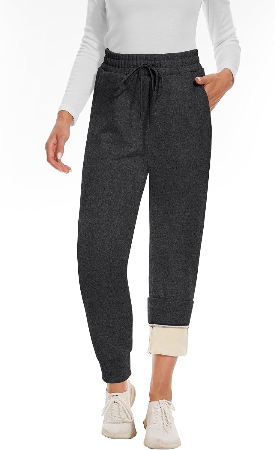 Detalle de CAMPSNAIL Fleece-Lined Women's Joggers, High-Waisted with Pockets, Black