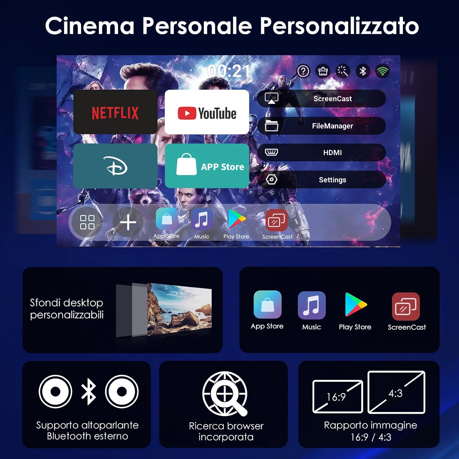 Detalle 2 de WOLFANG Mini Proiettore Portatile WiFi 6 con Android 14 e Schermo 1080P - Proietta fino a 200