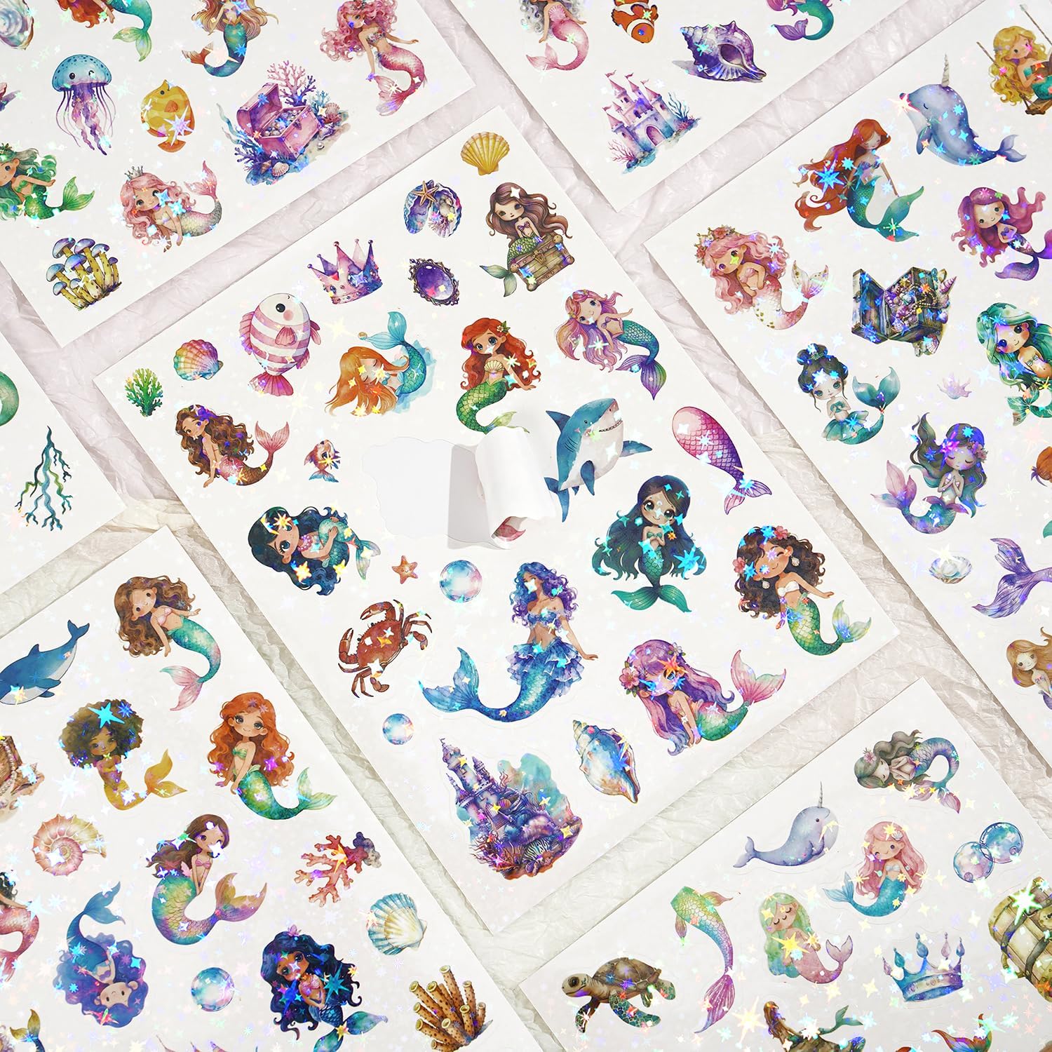 Detalle de Meerjungfrau Glitzer Sticker-Set: 8 Blatt mit über 200 Motiven, holografische Glitzerfolie