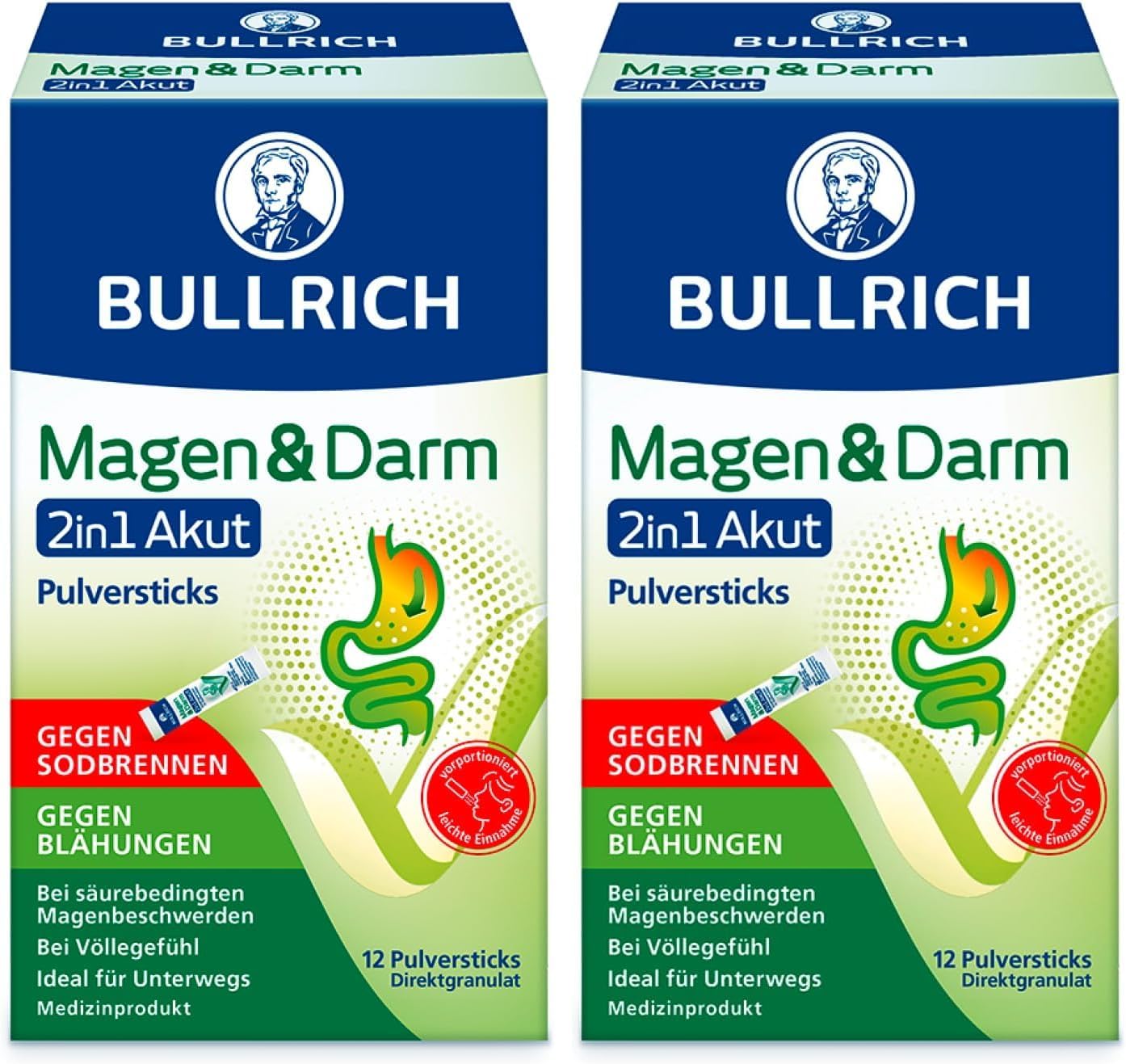 Detalle de Bullrich Magen & Darm 2in1 Akut – Akut gegen Sodbrennen & Blähungen, 12 Pulversticks (Packung mit 2) | Vegan