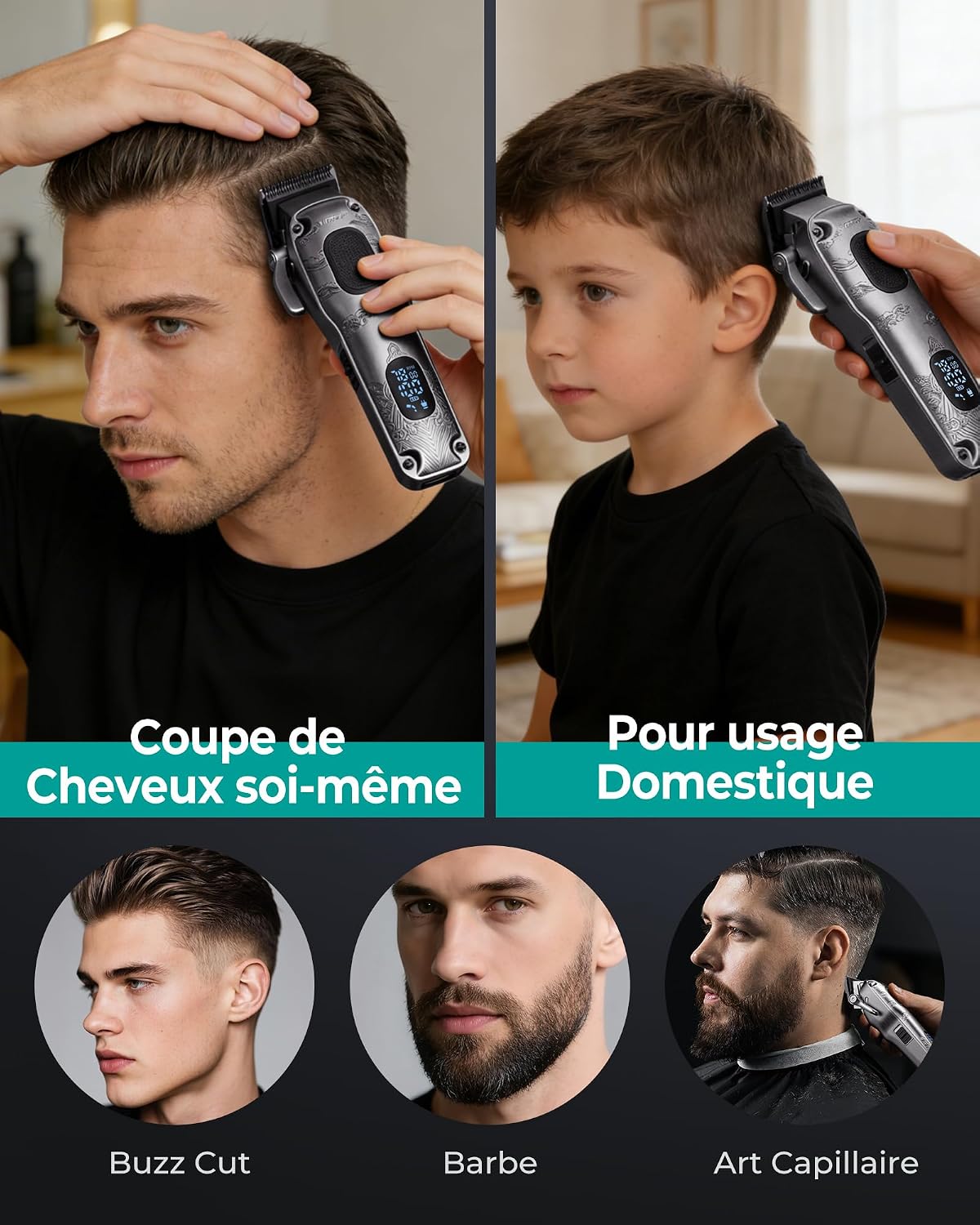 Detalle de VGRPRO Tondeuse Cheveux Hommes Professionnel — Sans Fil, Étui et Kit Complet (Gris)
