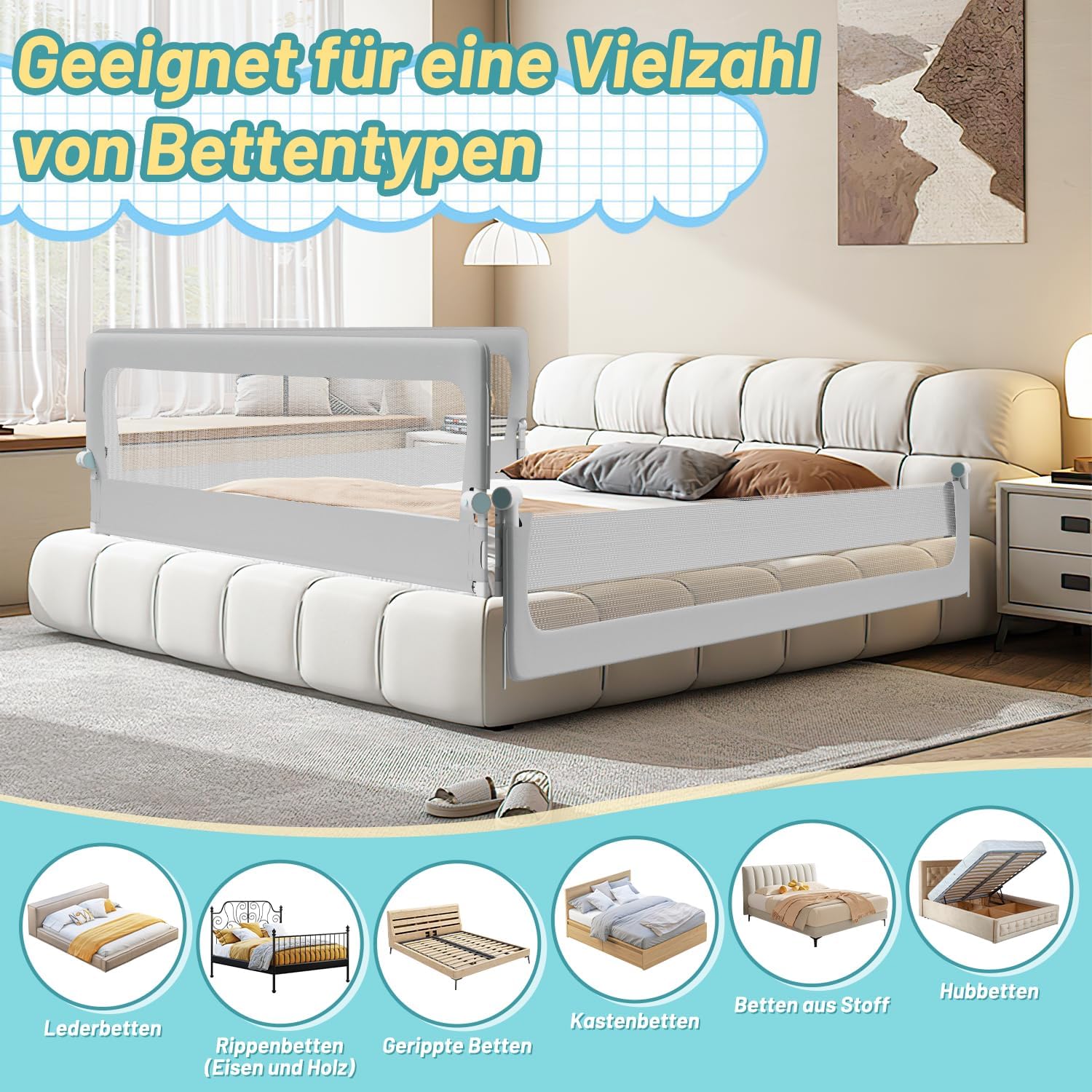 Thumbnail 6 de Tubiaz 200cm Bettgitter Rausfallschutz – höhenverstellbar, 180° Klappbar, Trapezfüße, Grau