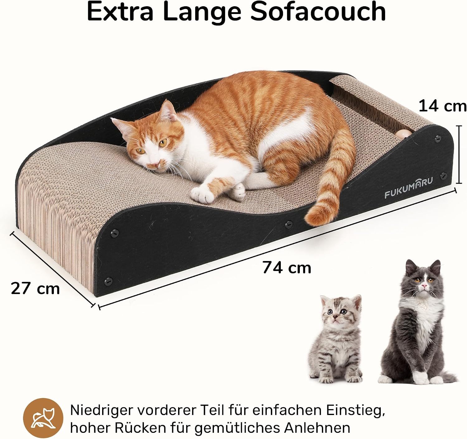 Detalle de FUKUMARU Kratzbrett für Katzen (74 cm) mit Filz und Ball – Kratzpappe aus Wellpappe, schwarz