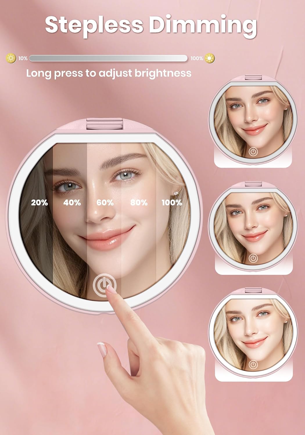 Detalle de SisKokoro 40X Rechargeable Compact Lighted Makeup Mirror, 3 Modes, Pink