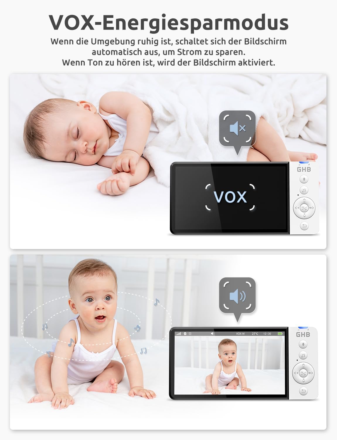 Detalle de GHB Babyphone mit Kamera 5 Zoll HD – VOX-Modus, Nachtsicht, 5000 mAh, 2-Kamera-Erweiterung