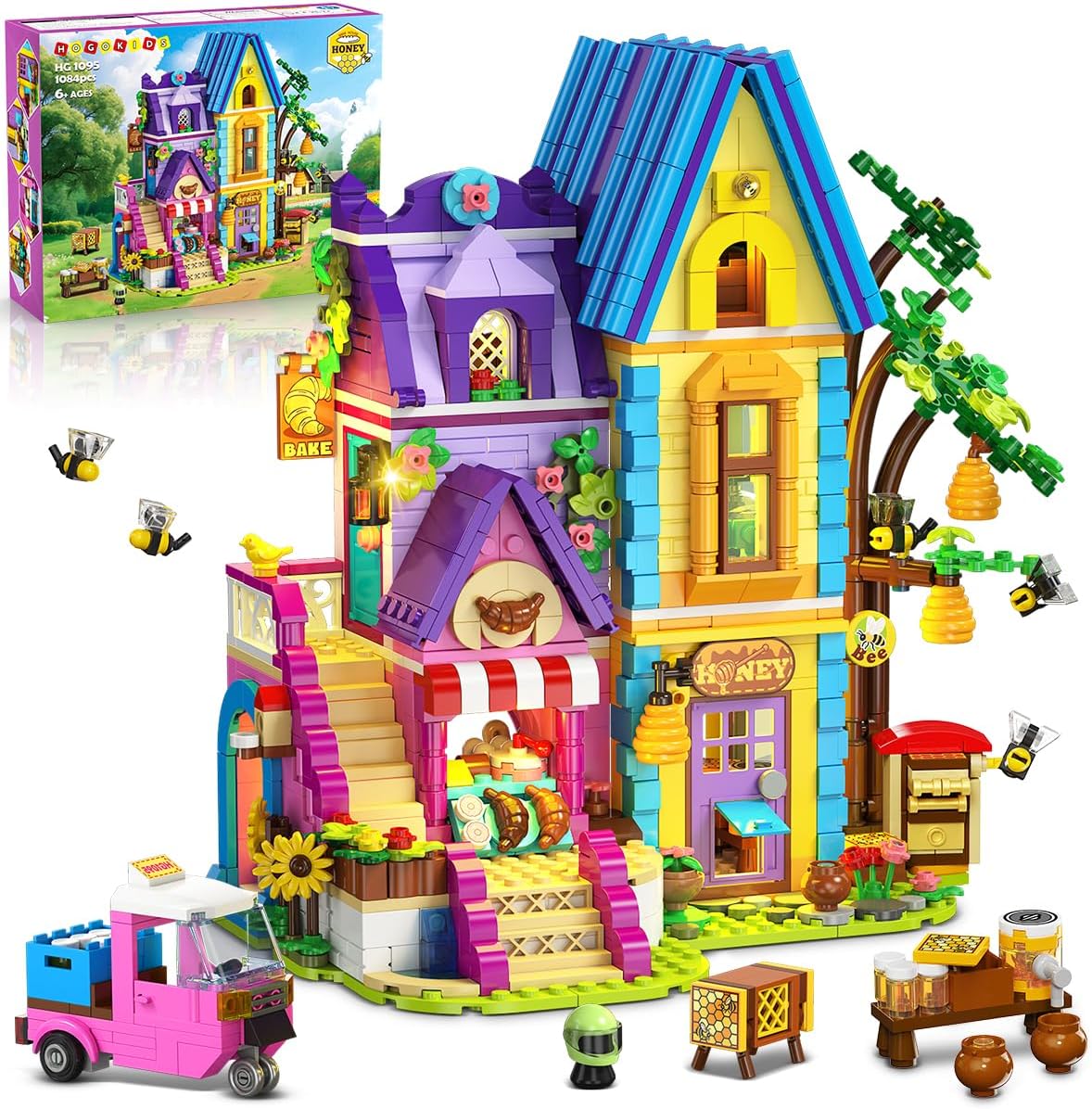 Detalle de HOGOKIDS Bienenhaus & Bäckerei Haus Bauspielzeug mit LED-Licht – 1084-teilige Backset-Spielwelt
