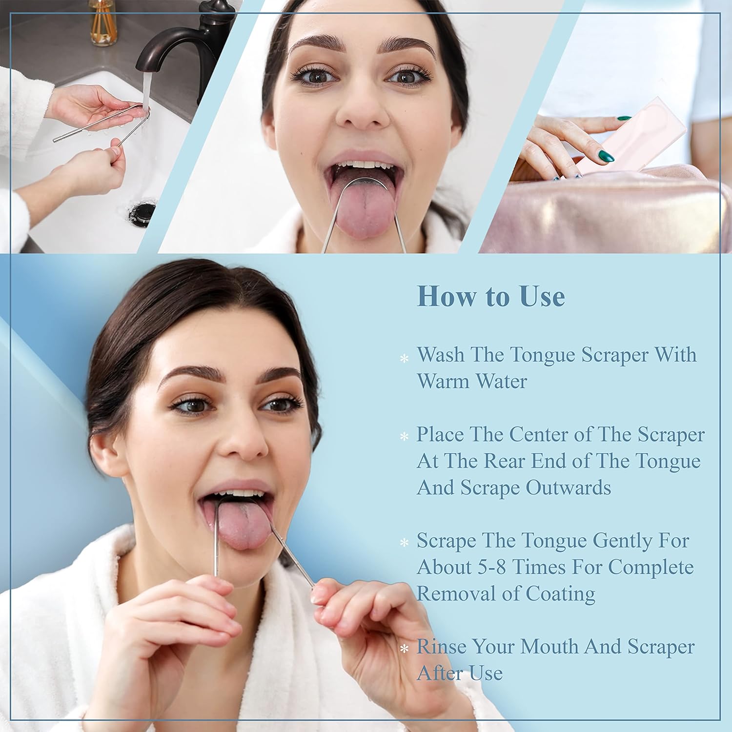 Detalle de MasterMedi U-Shaped Stainless Steel Tongue Scraper (2 Pack) with Multicolor Travel Cases
