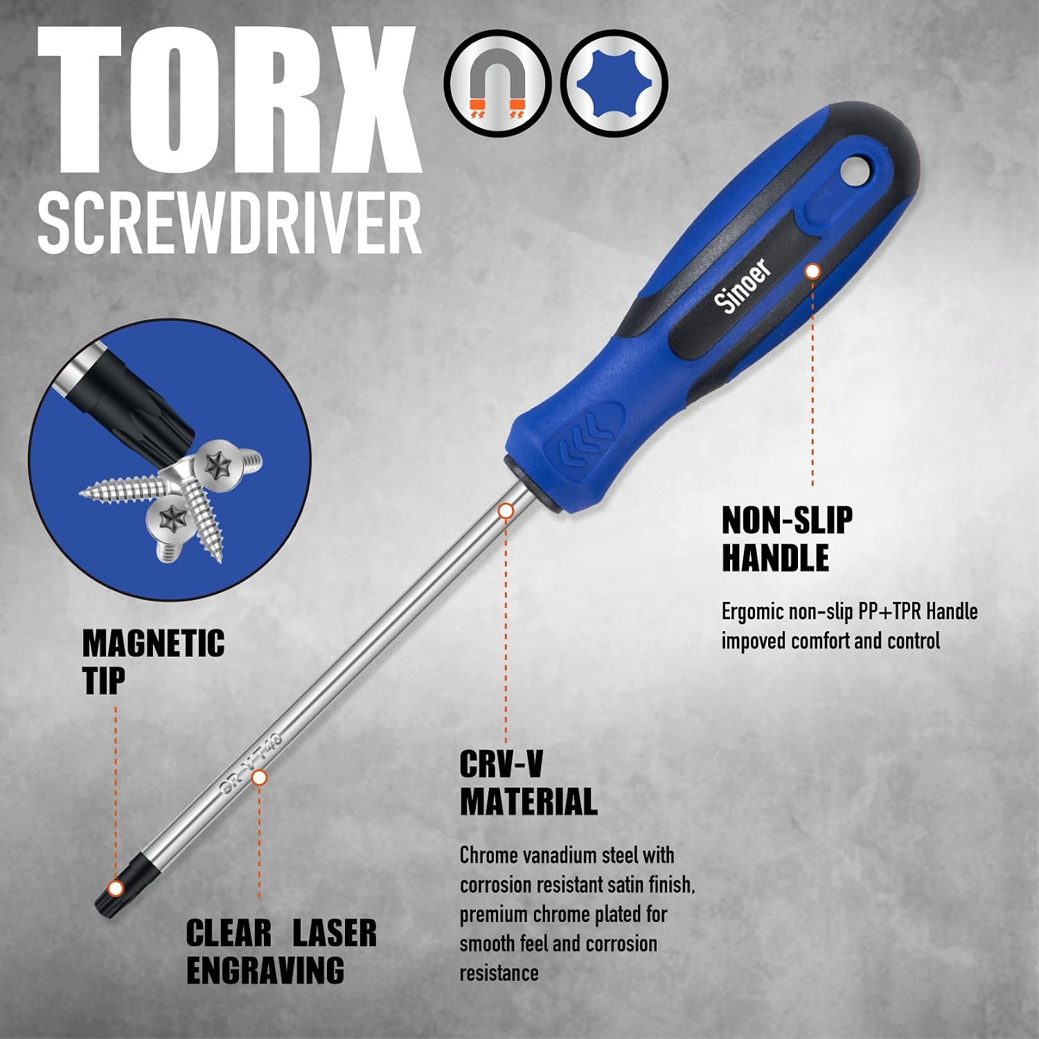 Detalle de Sinoer set di cacciaviti magnetici Torx da 13 pezzi (T5–T40) in acciaio CR-V