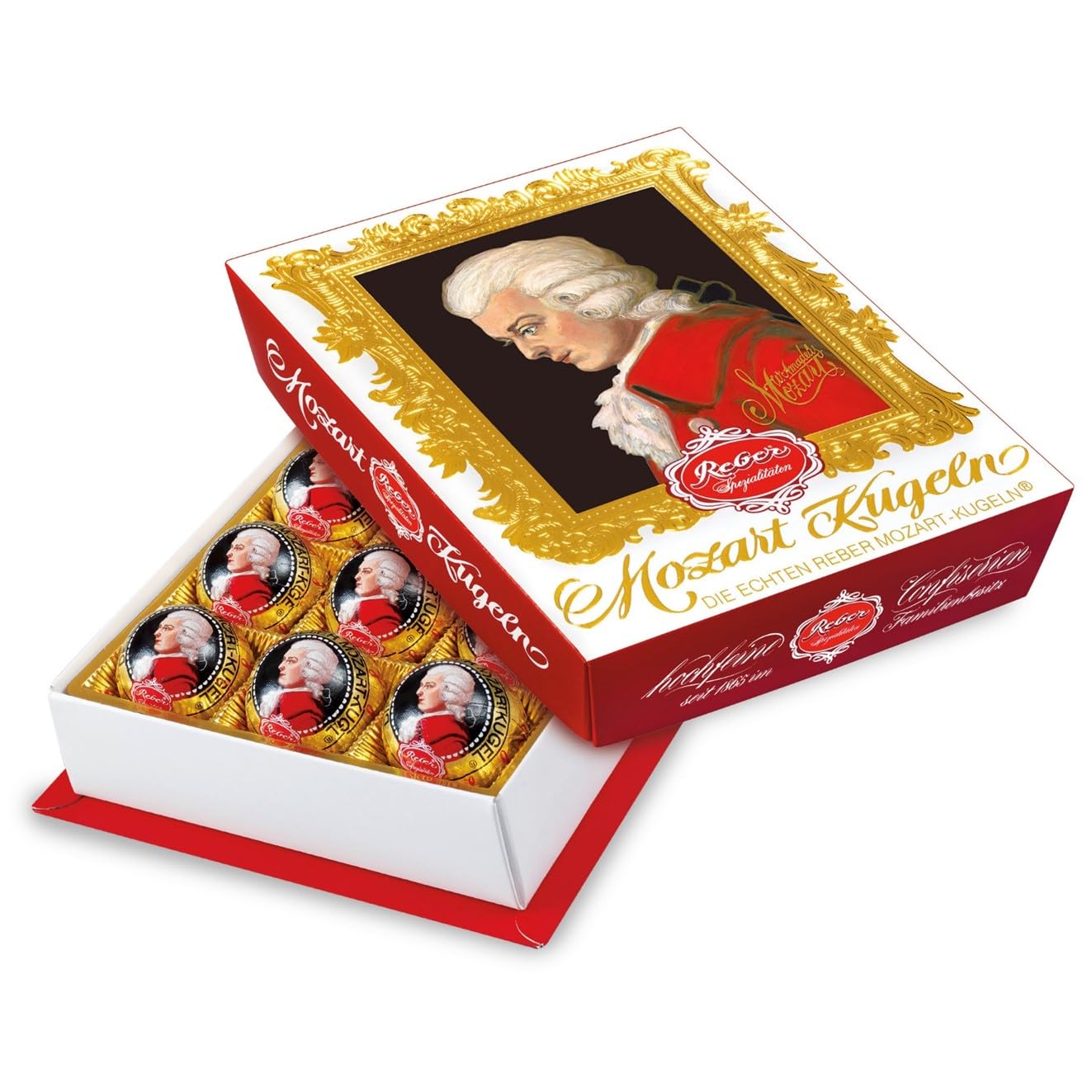 Detalle de Reber Mozart-Kugeln Barock – 12er Packung, Zartbitter-Schokolade mit Pistazien-Marzipan, Mandeln und Haselnuss-Nougat (240 g)