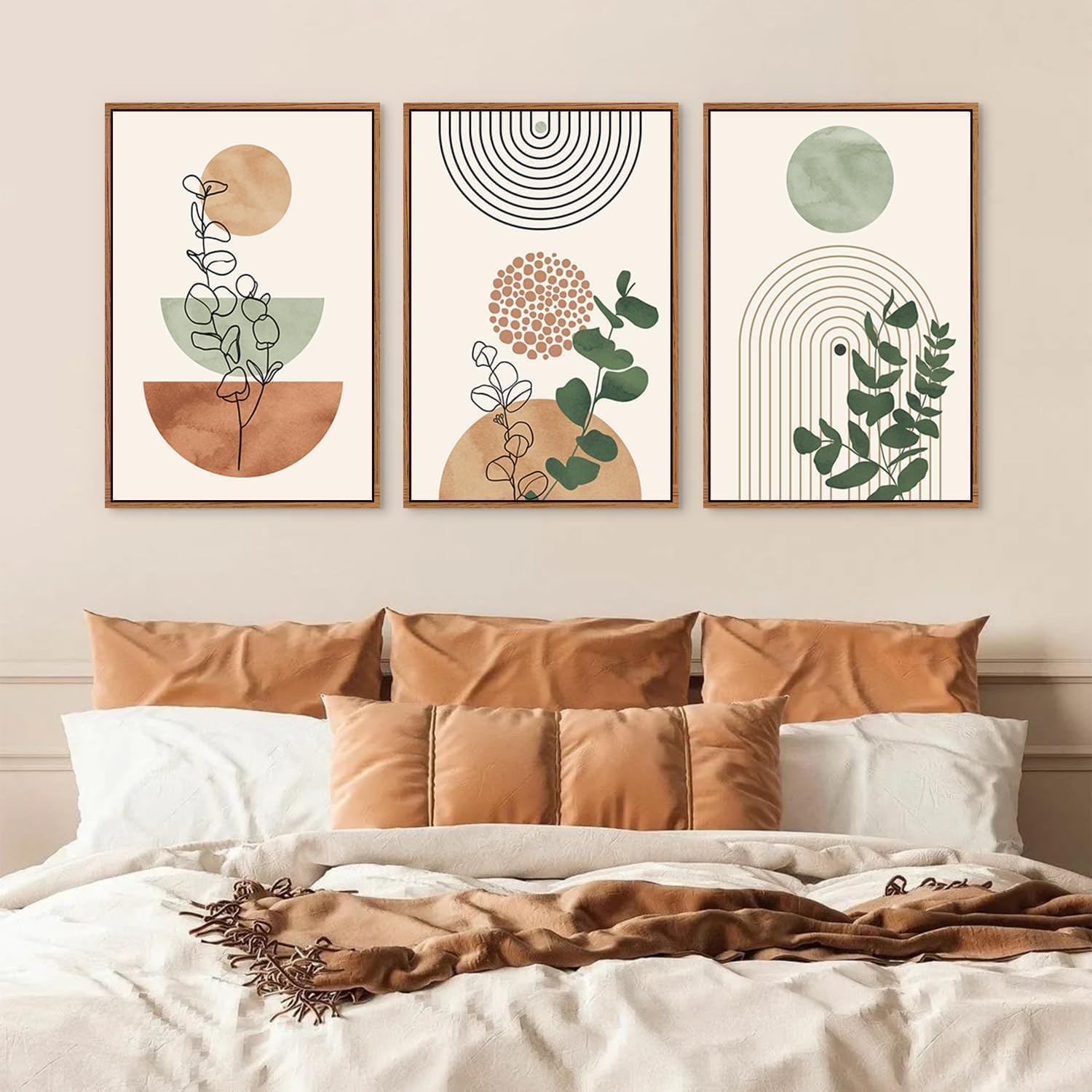 Detalle 2 de HPNIUB Boho Grün Leinwandbild im Rahmen (40 x 60 cm) – abstrakte Wanddekoration im Mid-Century-Stil