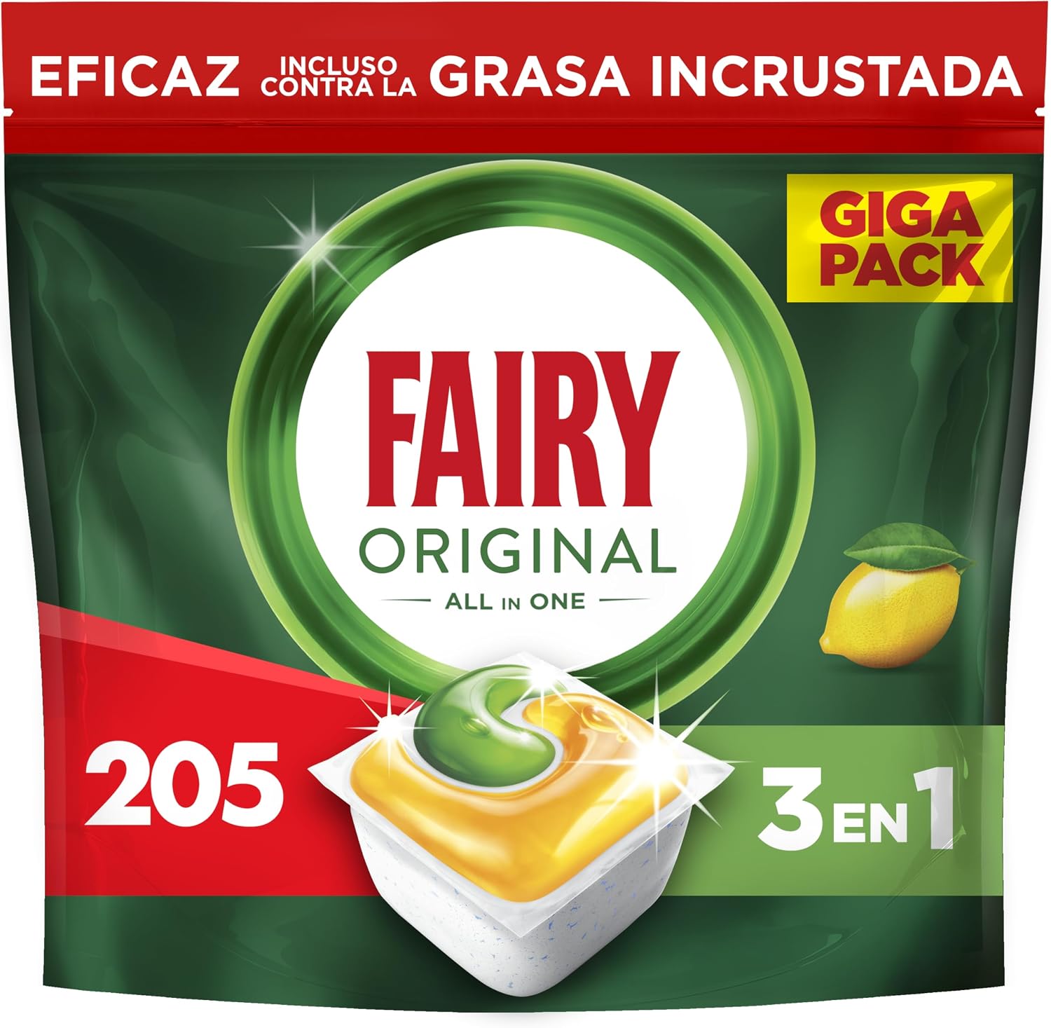 Detalle de Fairy Original Todo En Uno Cápsulas Lavavajillas Limón 🍋