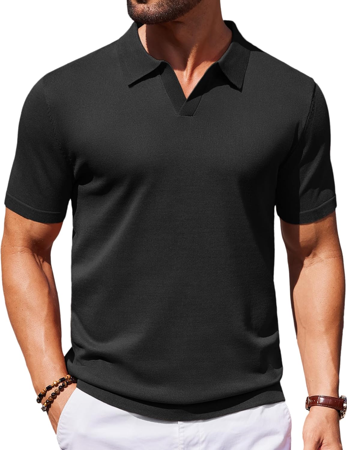 Detalle de COOFANDY Men's V Neck Short Sleeve Stretch Knit Polo Shirt