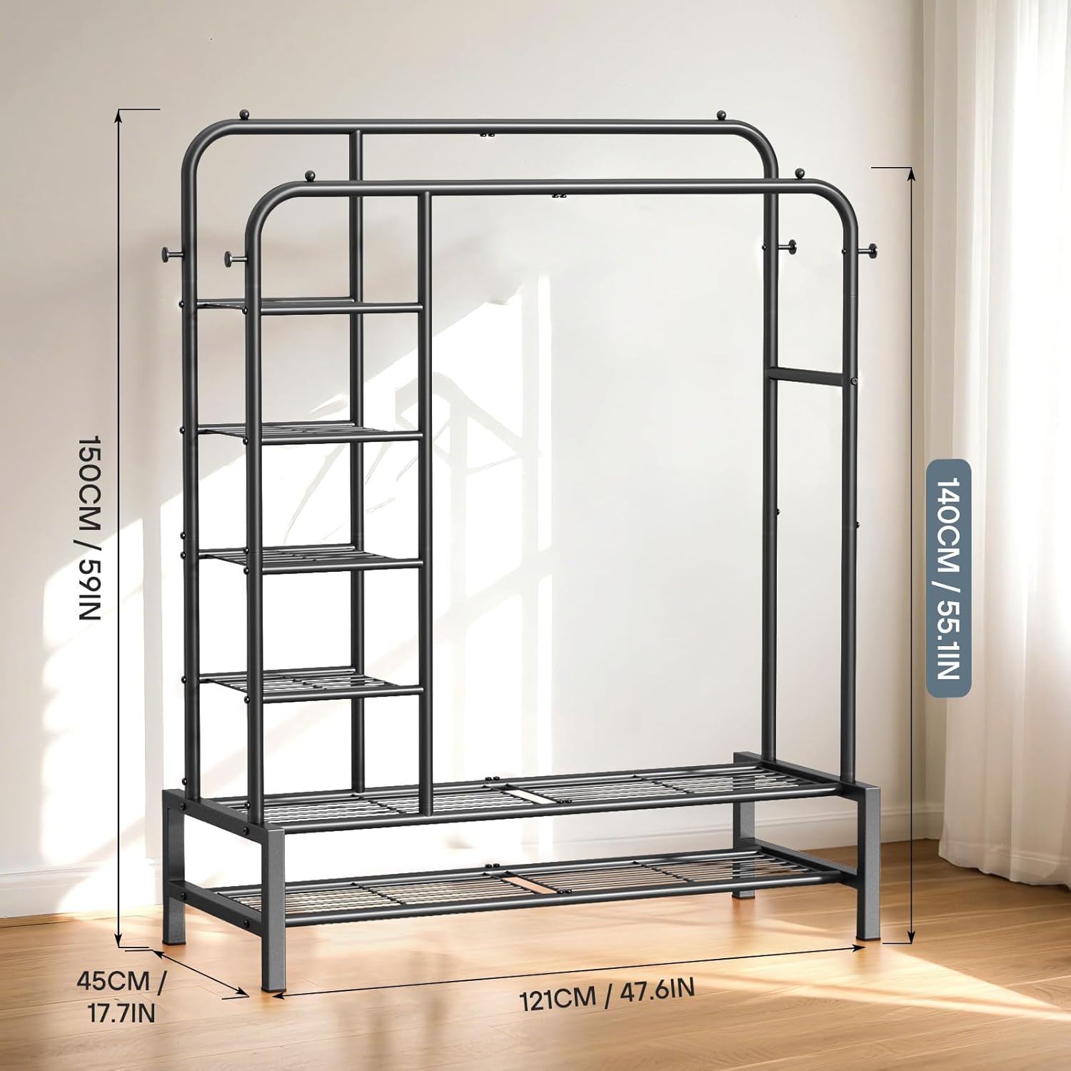 Thumbnail 4 de ZHKINGGS Clothes Rail for Bedroom – 100kg Freestanding Double Rack with Shelves & Coat Hooks