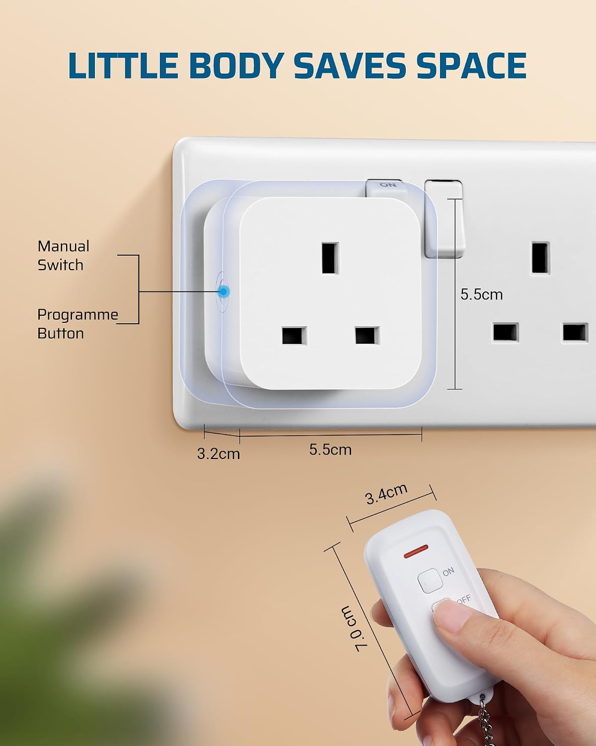 Detalle 2 de DEWENWILS Remote Control Sockets (30m/100ft range) – 1 Remote + 1 Programmable 13A Wireless Switch Plug