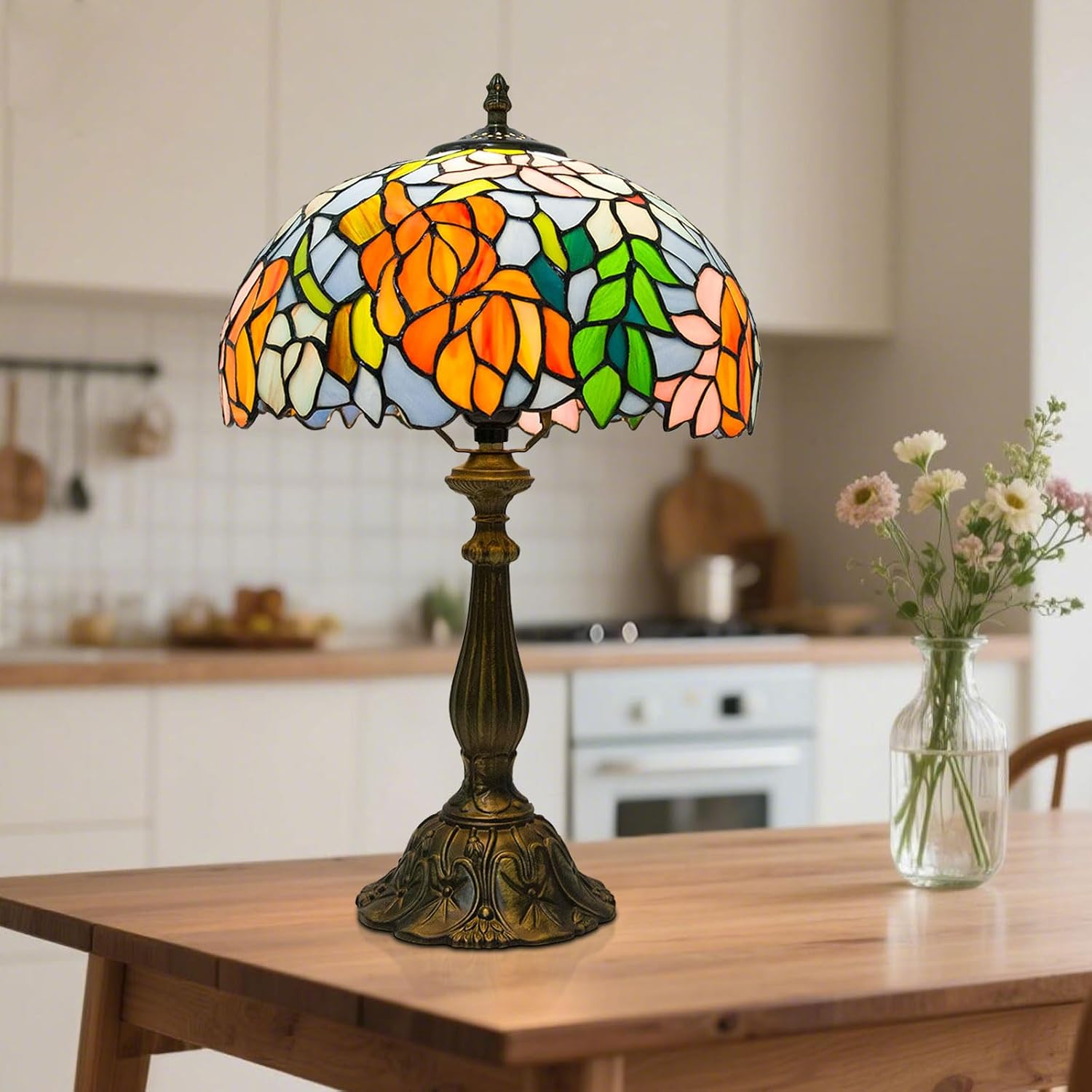 Detalle 2 de Ppbmocw Tiffany Style Glass Table Lamp with Remote Control (Flowers in Full Bloom) – 12 Inch Shade, 18.8 Inch Overall Height