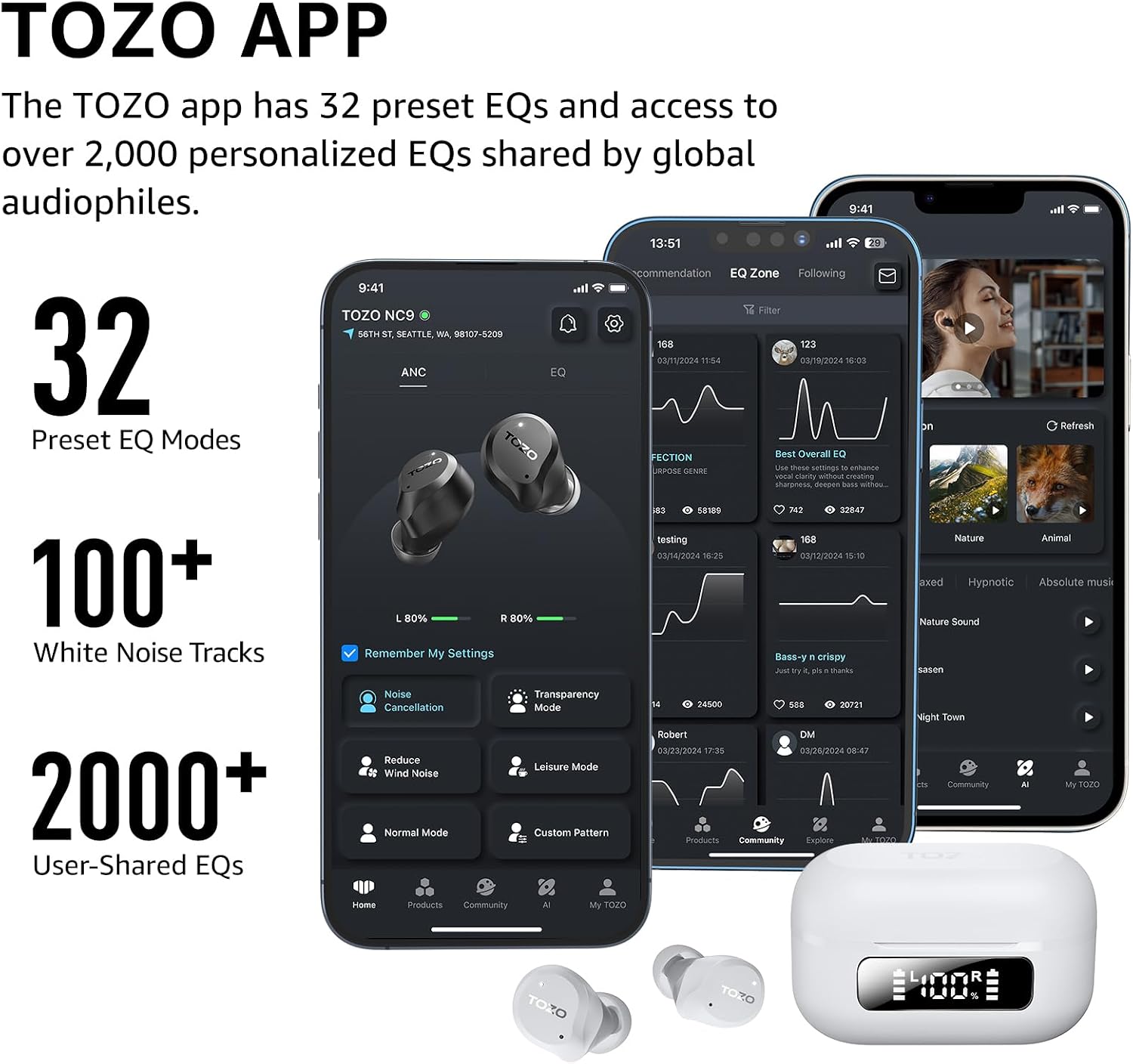 Thumbnail 6 de TOZO NC9 Hybrid ANC Earbuds with 60H Playtime, 6-Mic ENC & Custom EQ App