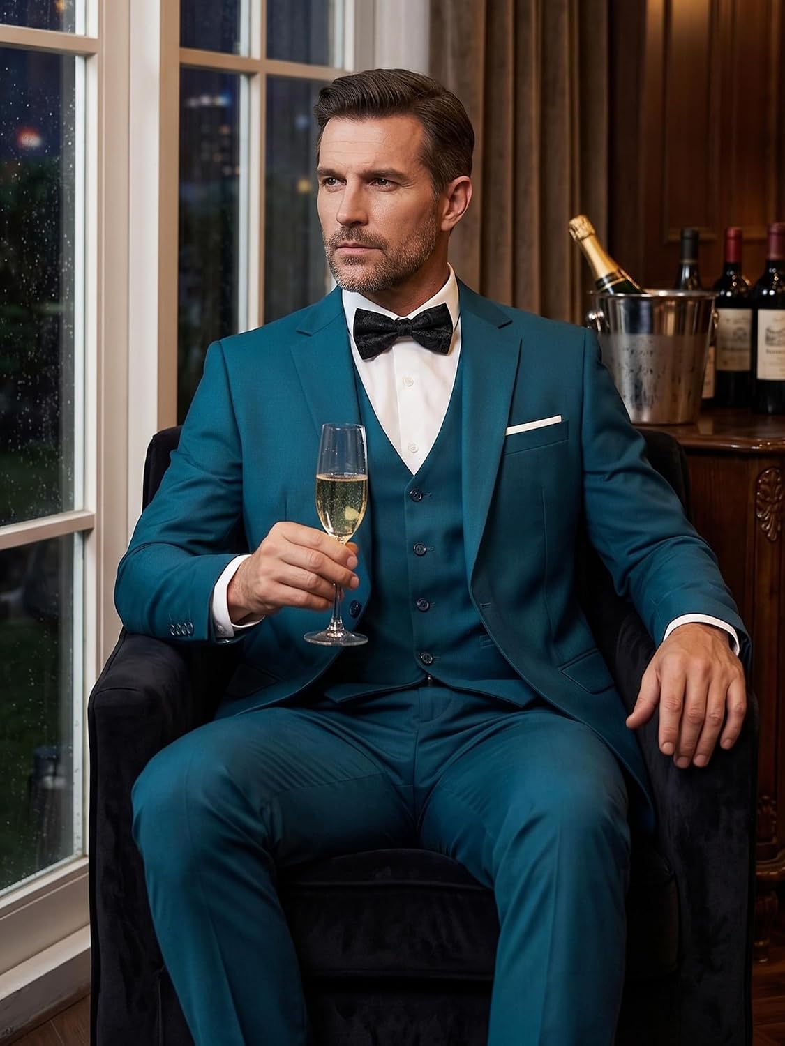 Detalle de MAGE MALE Men's 3-Piece Slim-Fit Suit with One-Button Blazer