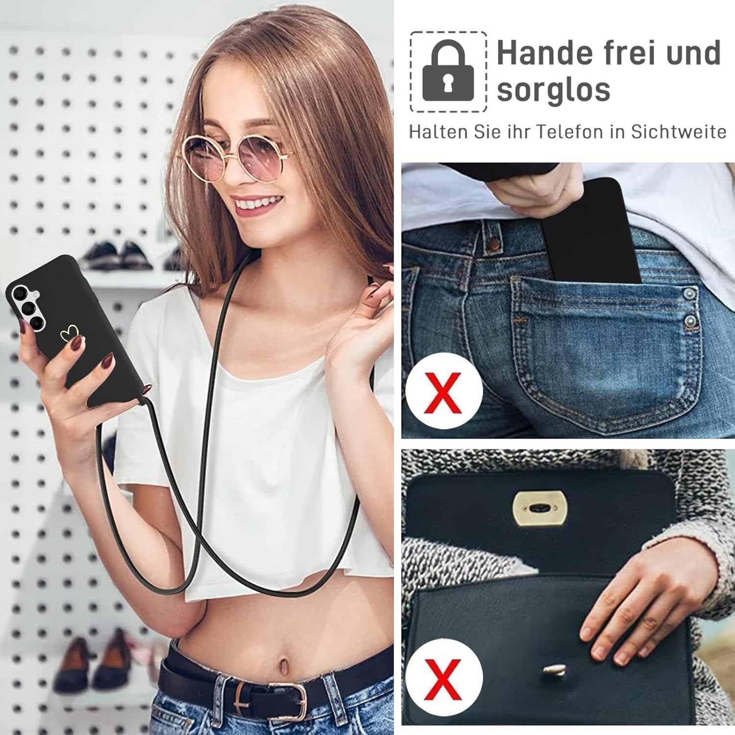 Thumbnail 6 de Yichxu Handyband-Hülle für Samsung Galaxy A05s mit Band – Herz Design, Silikonhülle mit Kette, schutzhafte Liquid Silicone Case