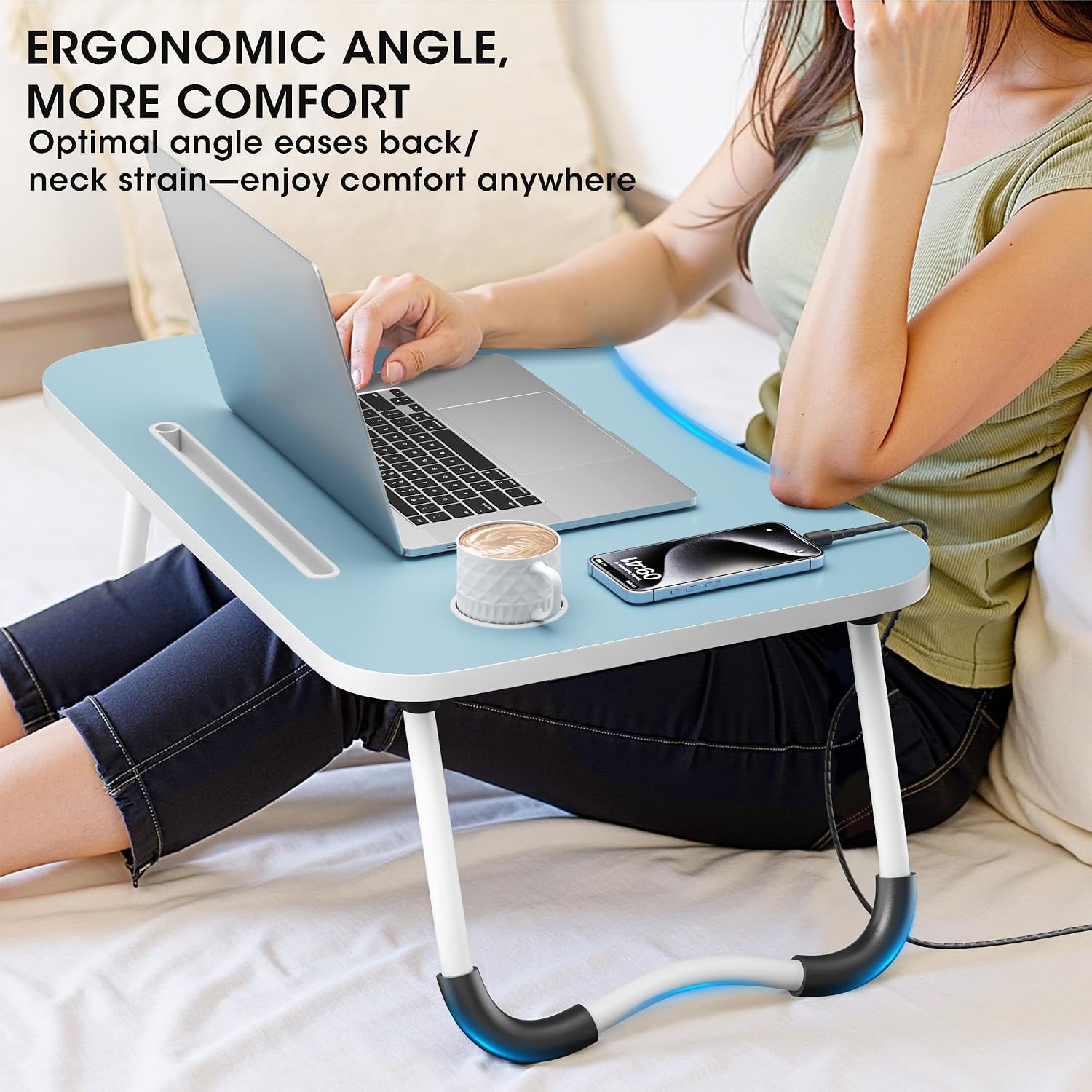Detalle 1 de Frpufi LD003 23.6-Inch Folding Wood Lap Desk with Cup Holder, Blue