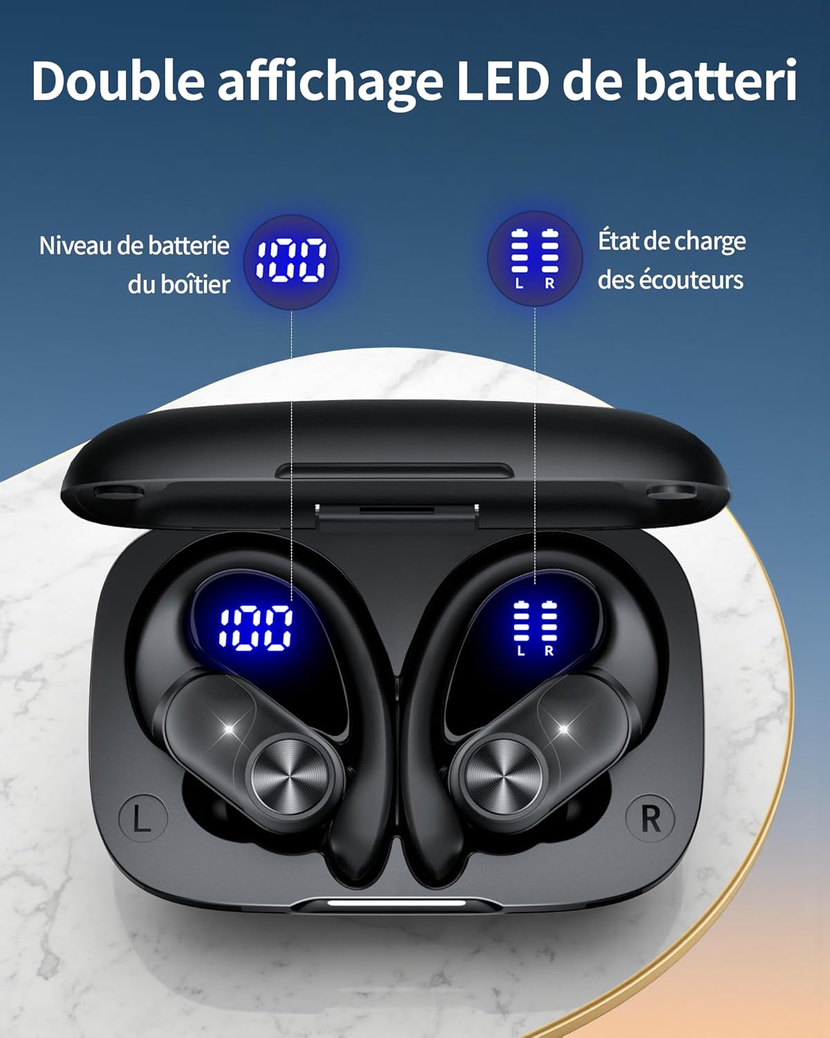 Thumbnail 5 de ECLVOX Écouteurs Bluetooth sans fil Sport 5.3 avec écran LED double, 80 h et IPX7