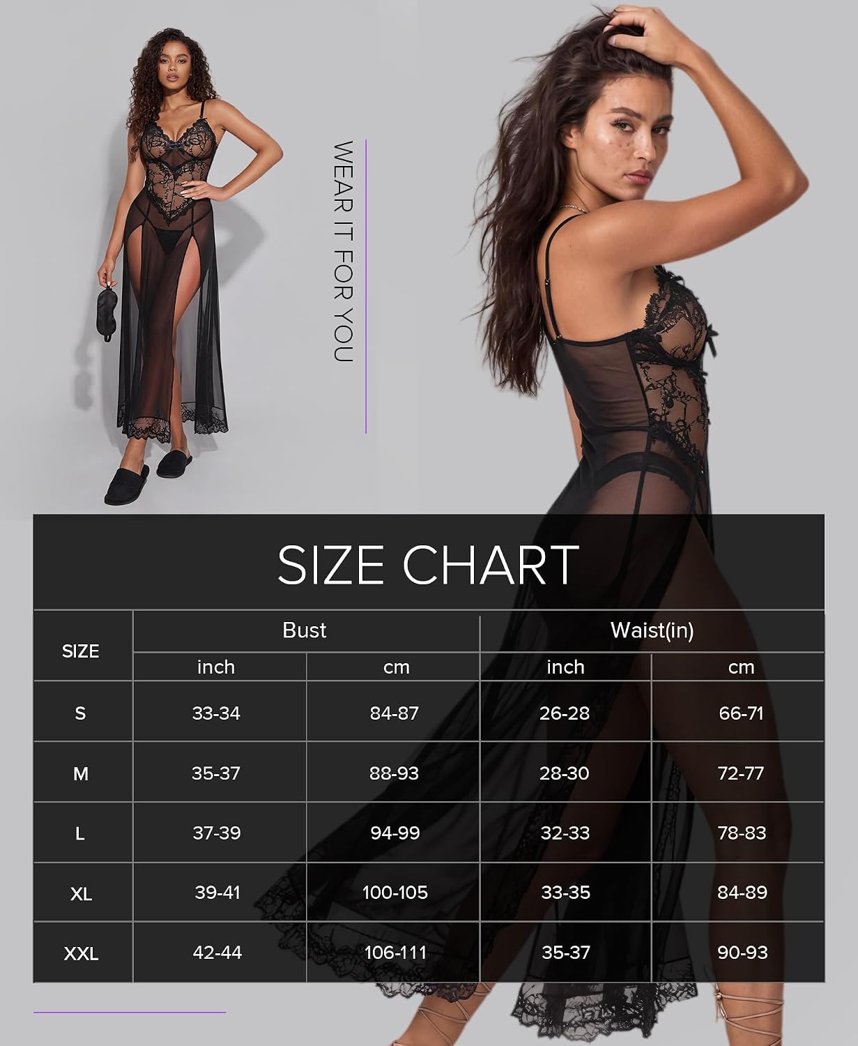 Detalle 1 de RSLOVE babydoll-nachthemd van kant en mesh met G-string