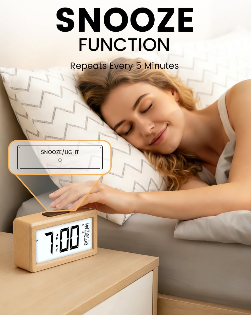 Thumbnail 4 de aboveClock Digital Alarm Clock Wooden Bedside Clock with Large Backlit LCD, Temperature & Snooze (AAA batteries needed)